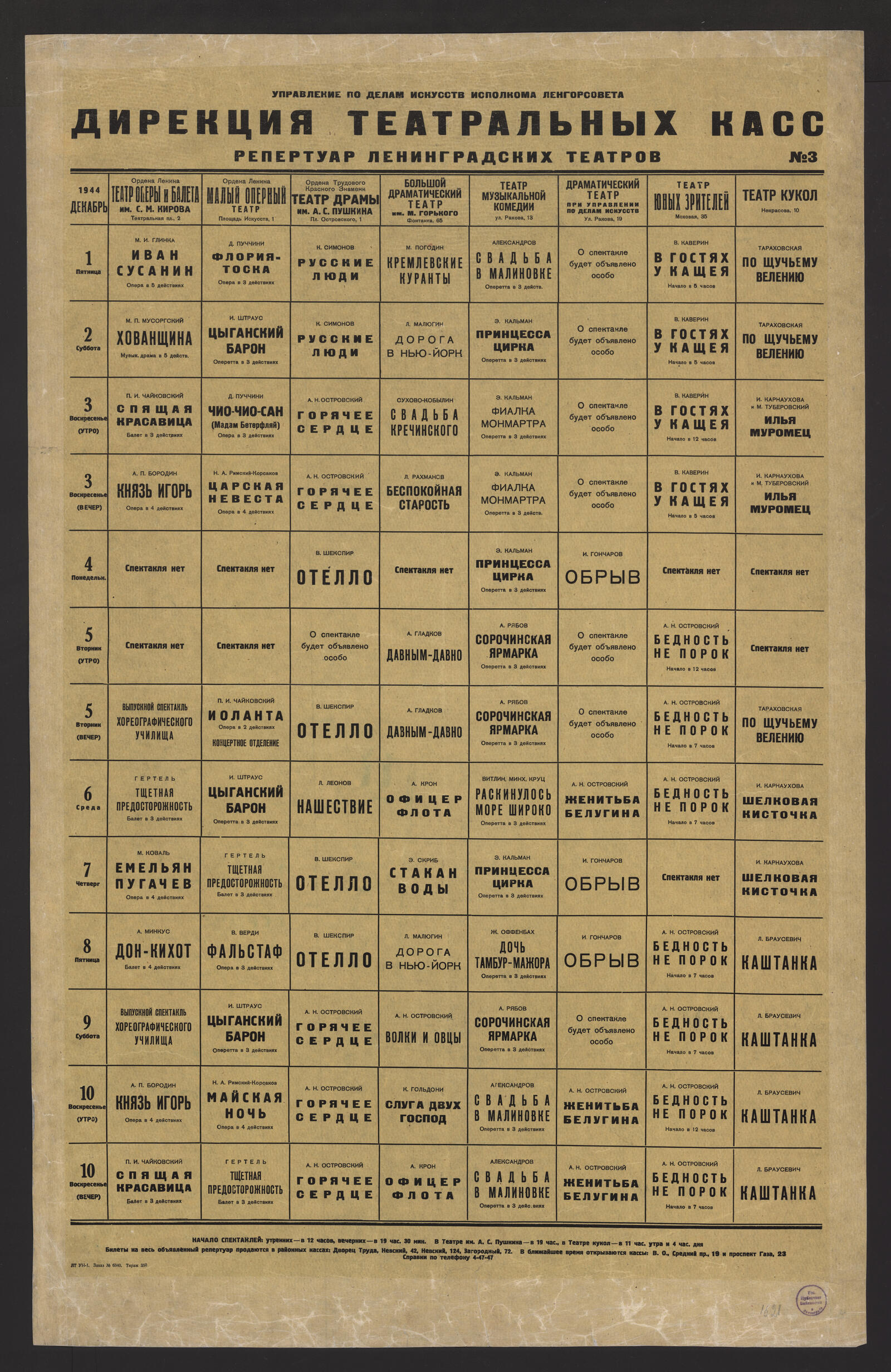 Изображение книги Репертуар ленинградских театров № 3, 1944 декабрь, 1 пятница - 10 воскресенье : Ордена Ленина Театр оперы и балета им. С. М. Кирова, Ордена Ленина Малый оперный театр, Ордена Трудового Красного Знамени Театр драмы им. А.С. Пушкина, Большой драматический театр им. М. Горького, Театр музыкальной комедии, Драматический театр при Управлении по делам искусств, Театр юных зрителей, Театр кукол