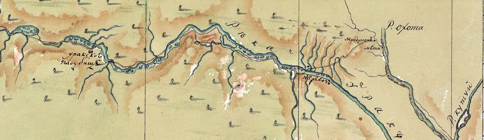 Фоновое изображение Меркаторская карта от 59 до 62 градусов северной широты, представляющая дорогу от города Якутска до города Охотска по рекам Мае и Юдоме