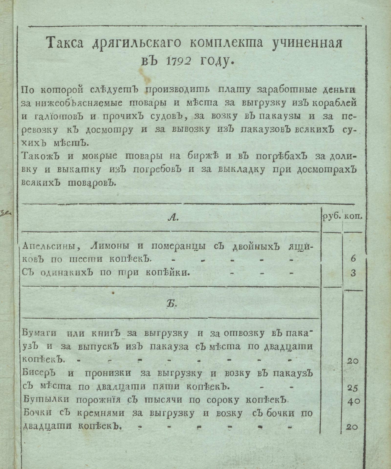 Изображение книги Такса дрягильскаго комплекта учиненная в 1792 году