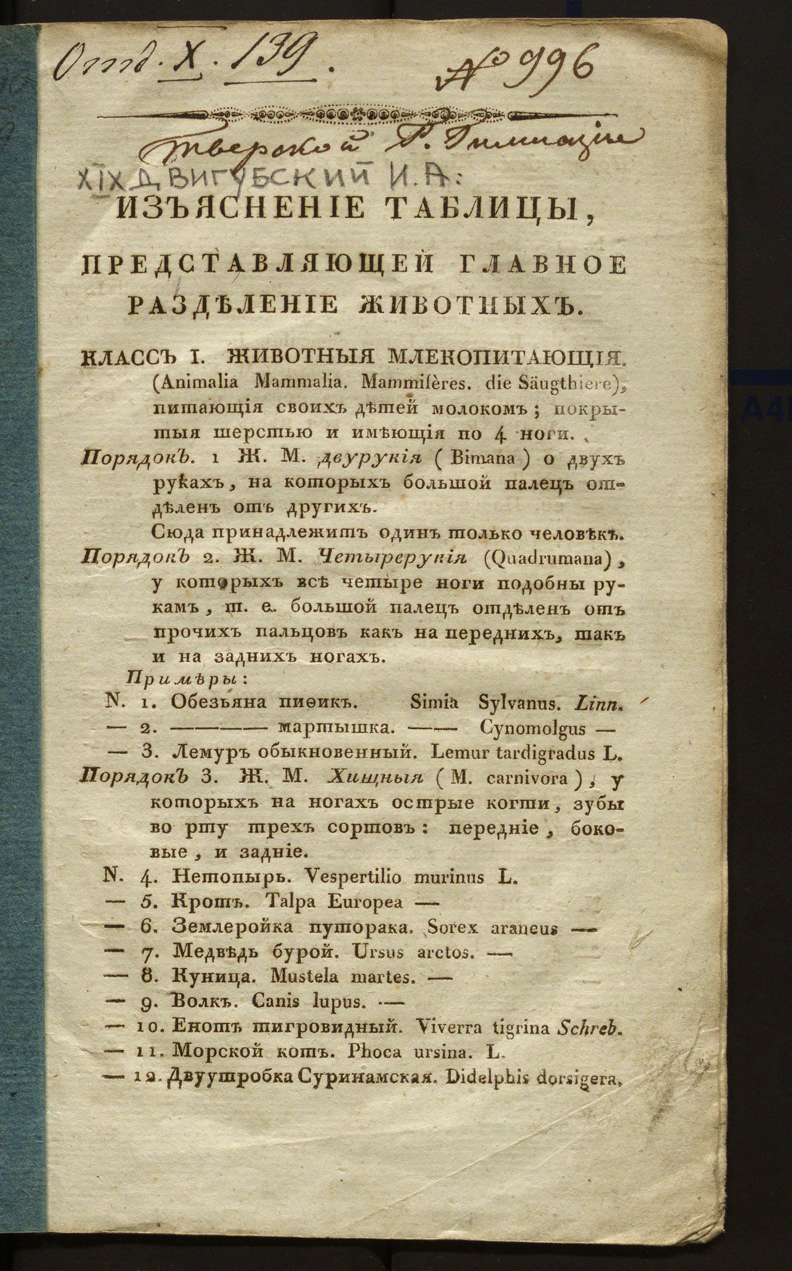 Изображение книги Изъяснение Таблицы, представляющей главное разделение животных