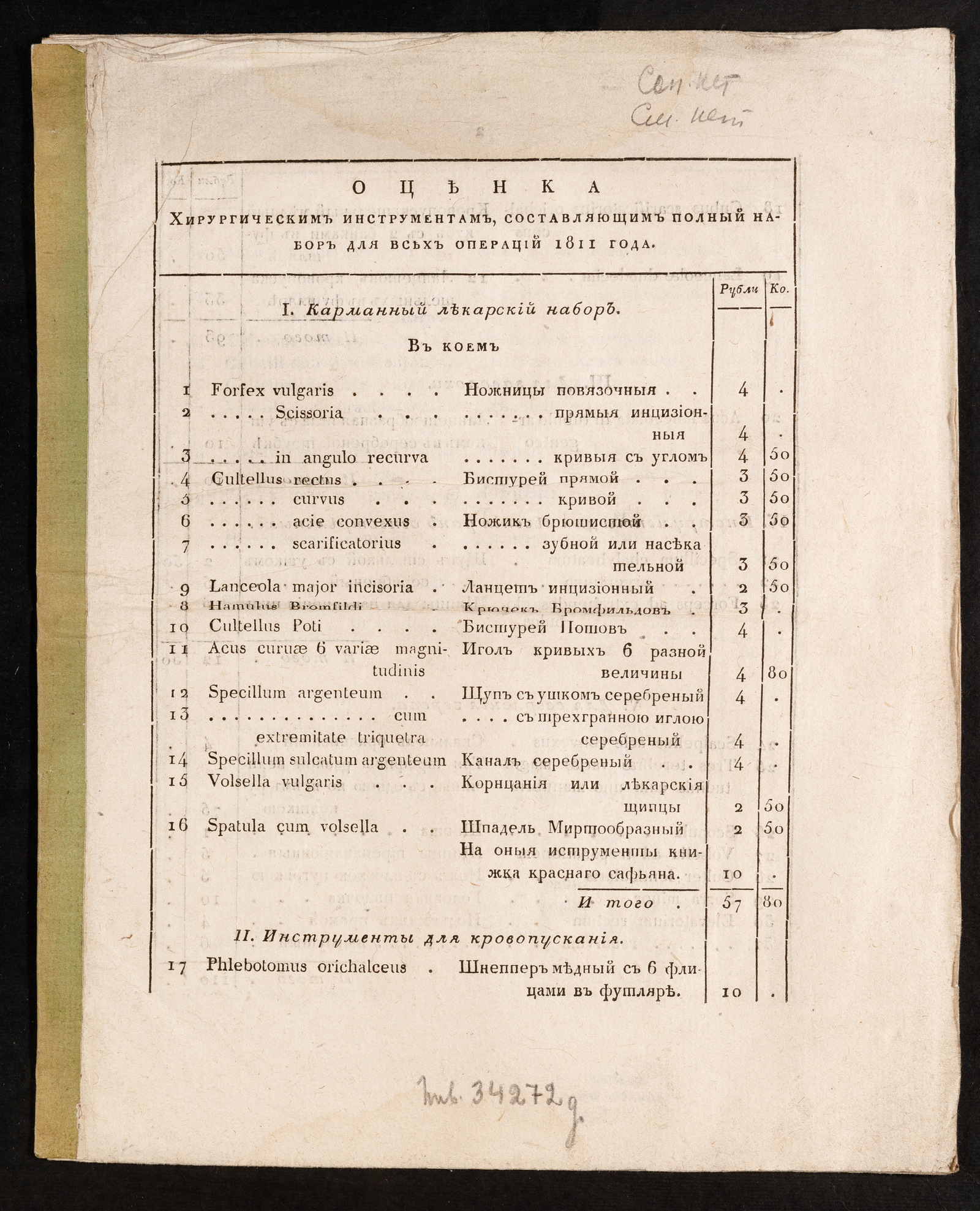 Изображение книги Оценка хирургическим инструментам, составляющим полный набор для всех операций 1811 года