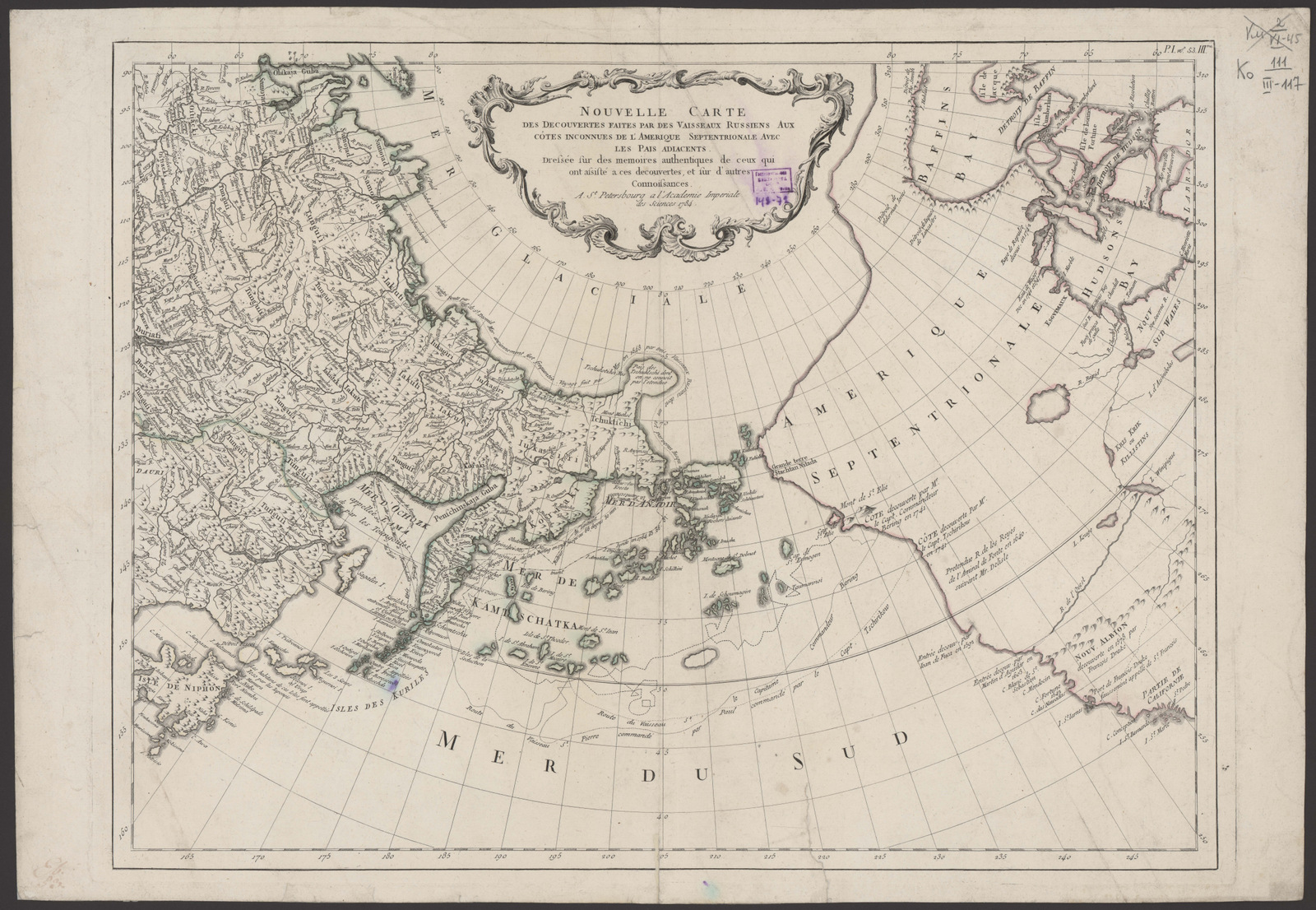 Изображение книги Nouvelle Carte des Decouvertes faites par des Vaisseaux Russiens Aux côtes inconnues de l'Amerique Septentrionale Avec les Pais adjacents