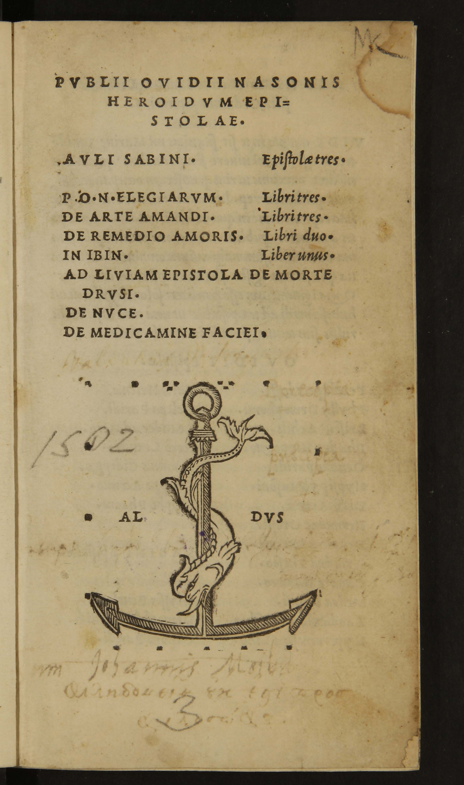 Изображение Publii Ouidii Nasonis Heroidum Epistolae. Auli Sabini. Epistolæ tres. P.O.N. Elegiarum. Libri tres. De arte amandi. Libri tres. De remedio amoris. Libri duo. In Ibin. Liber unus. Ad Liviam epistola de morte Drusi. De nuce. De medicamine faciei