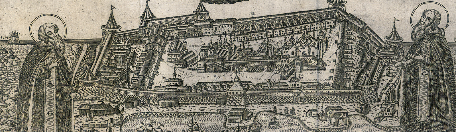 Фоновое изображение Вид Соловецкого монастыря с преподобными Зосимой и Савватием