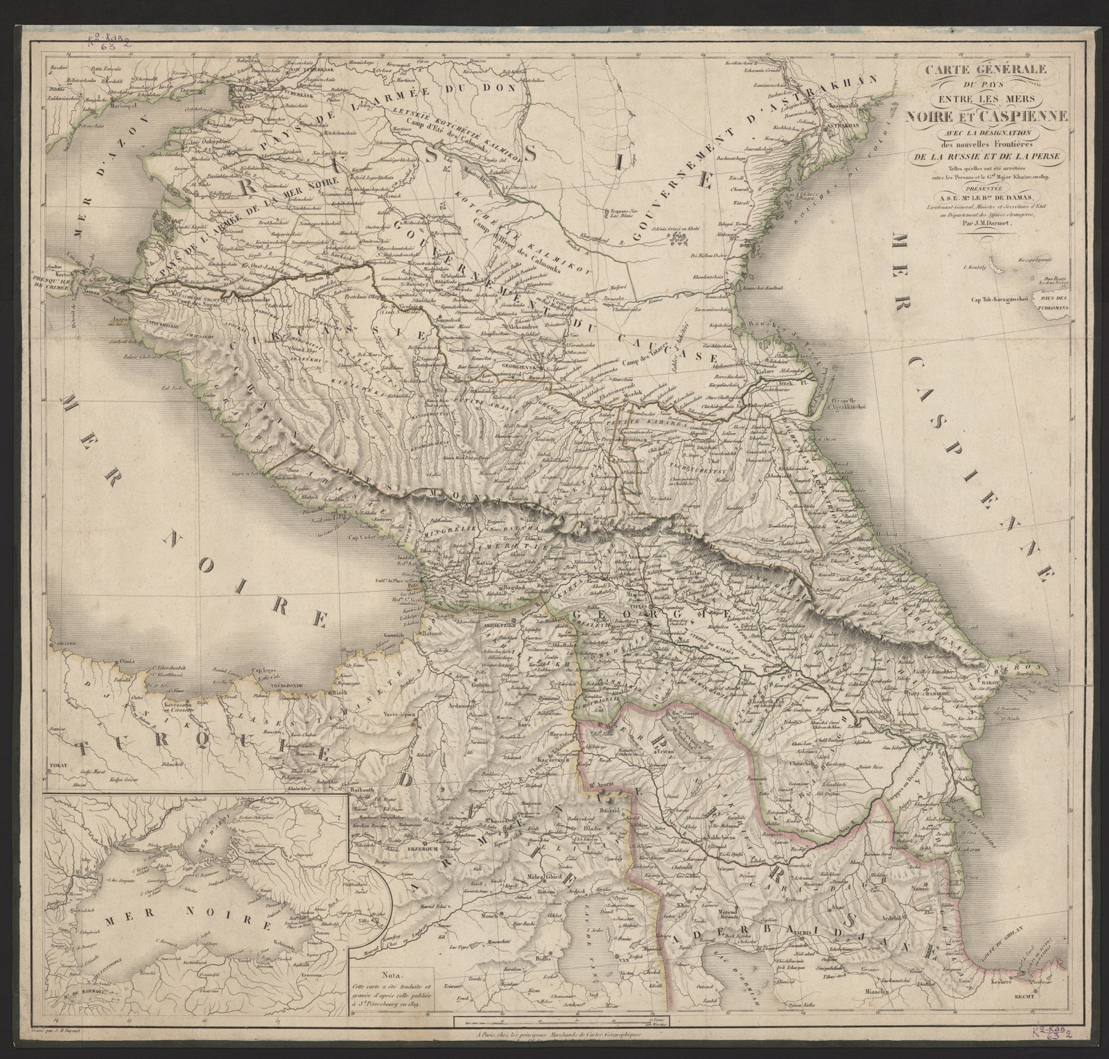 Изображение книги Кавказ. Carte générale du pays entre les mers Noire et Caspienne avec la dèsignation des nouvelles frontières de la Russie et de la Perse