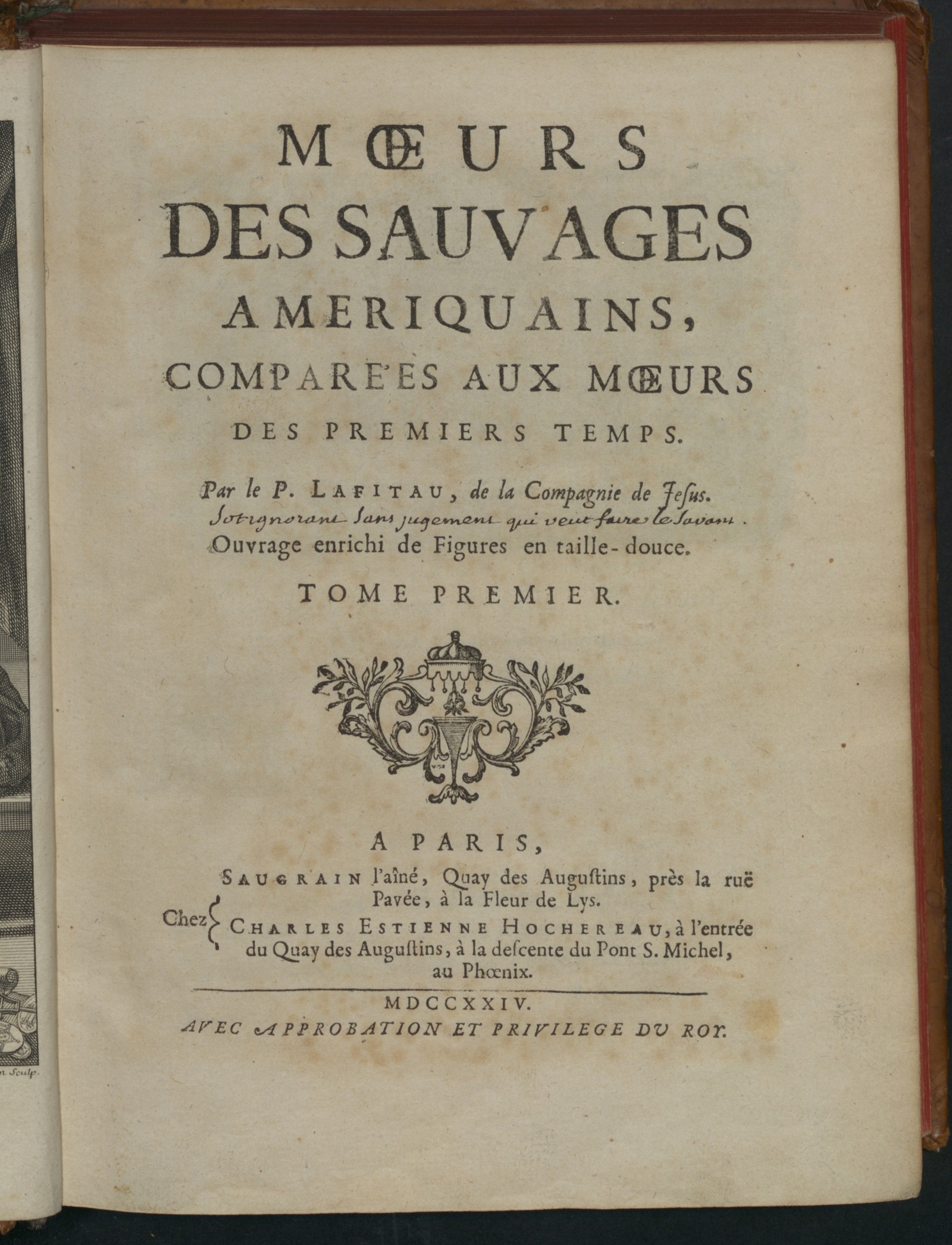 Изображение Mœurs des sauvages ameriquains, comparées aux mœurs des premiers temps. T. 1