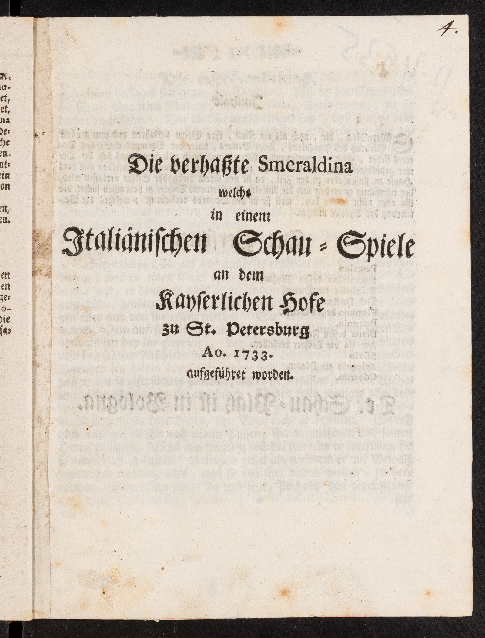 Изображение книги Die verhasste Smeraldina welche in einem Italiänischen Schau-Spiele an dem Kayserlichen Hofe