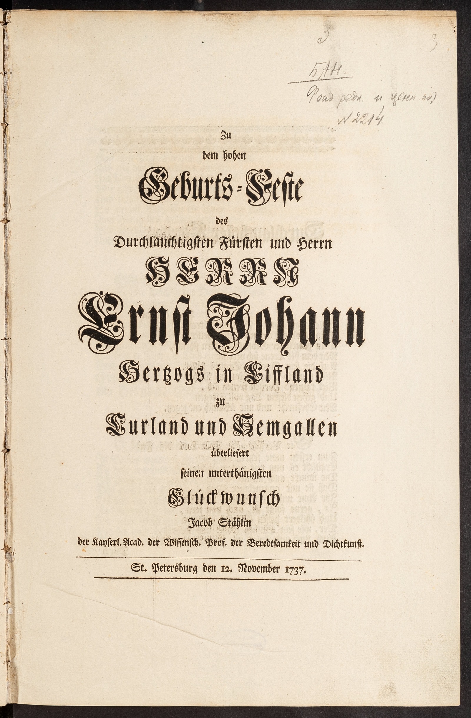 Изображение Zu dem hohen Geburts-Feste des Durchlauchtigsten Fürsten und Herrn Herrn Ernst Johann Hertzogs in Liffland zu Curland und Semgallen