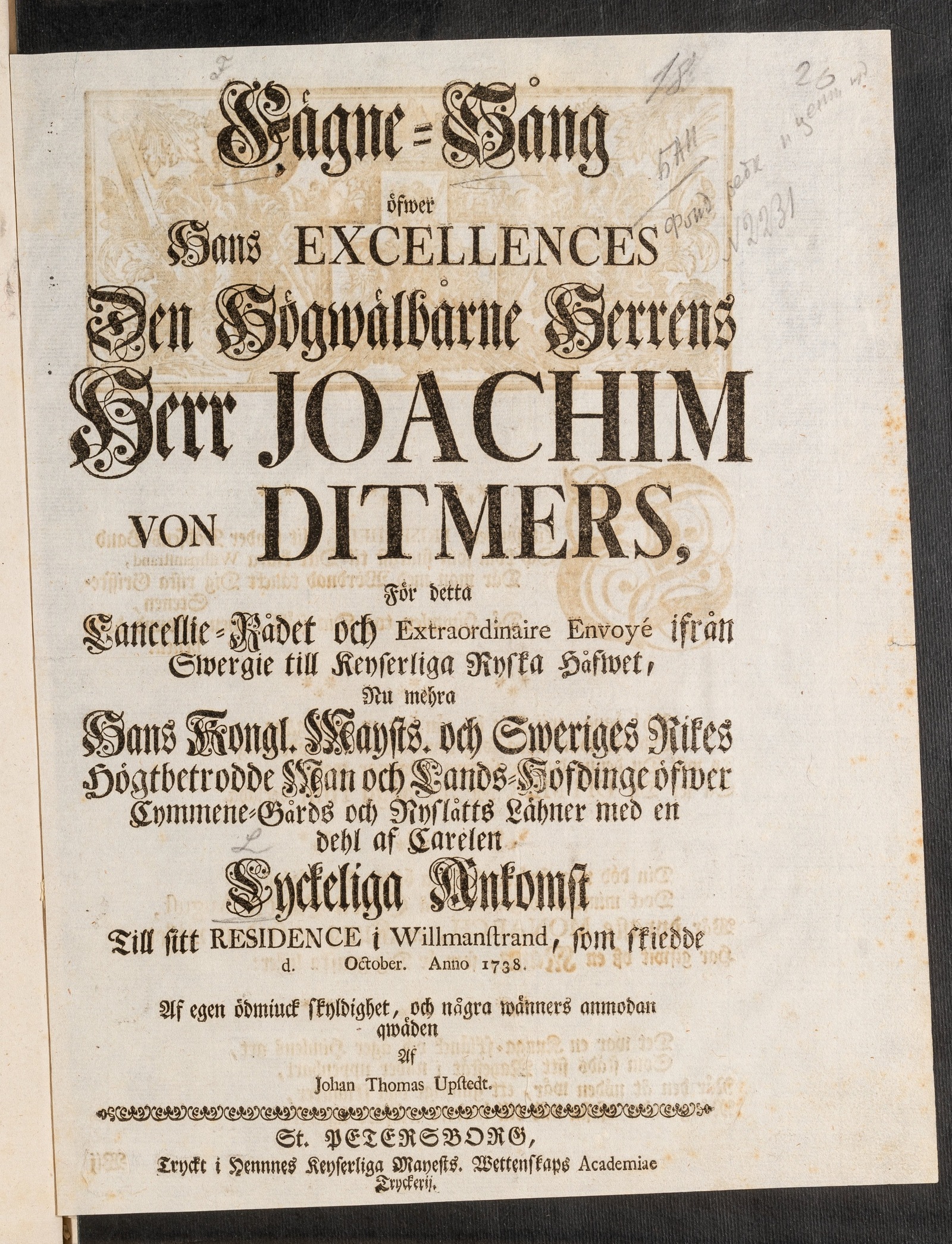 Изображение Fägne-Sång öfwer Hans Excellences den Högwälbårne Herrens Herr Joachim von Ditmers
