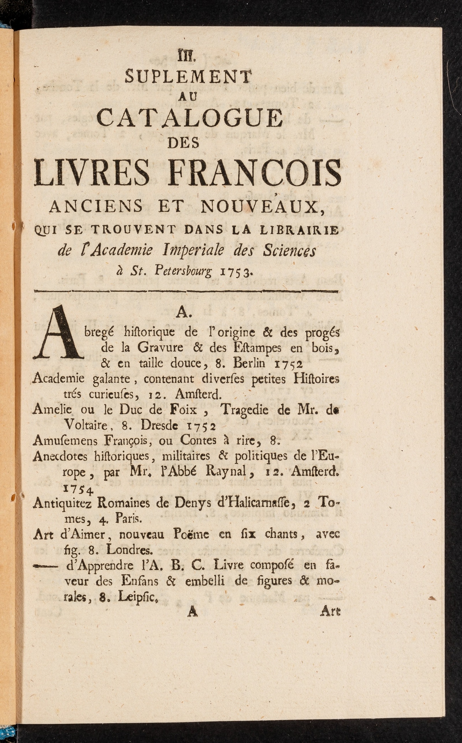 Изображение Suplement au Catalogue des livres françois anciens et nouveaux qui se trouvent dans la librairie de l'Academie Imperiale des Sciences à St. Petersbourg. Supl. 3. 1753