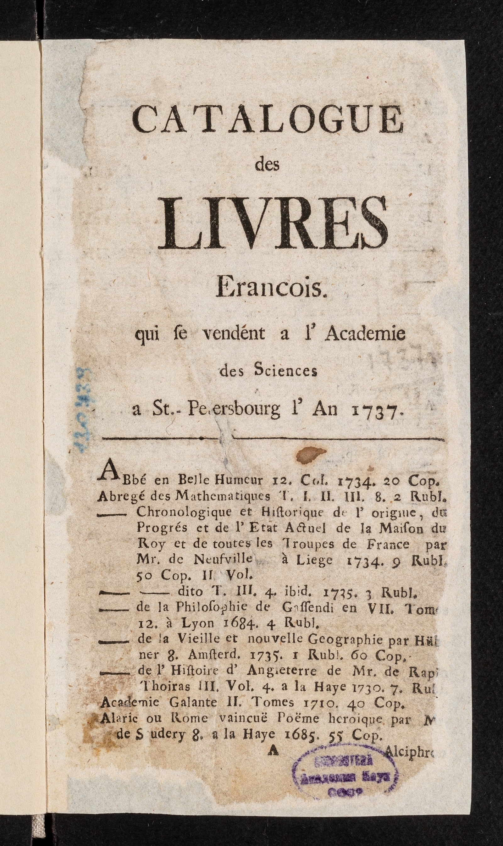 Изображение книги Catalogue des livres françois, qui se vendent à l'Academie des Sciences à St. Petersburg l'an 1737