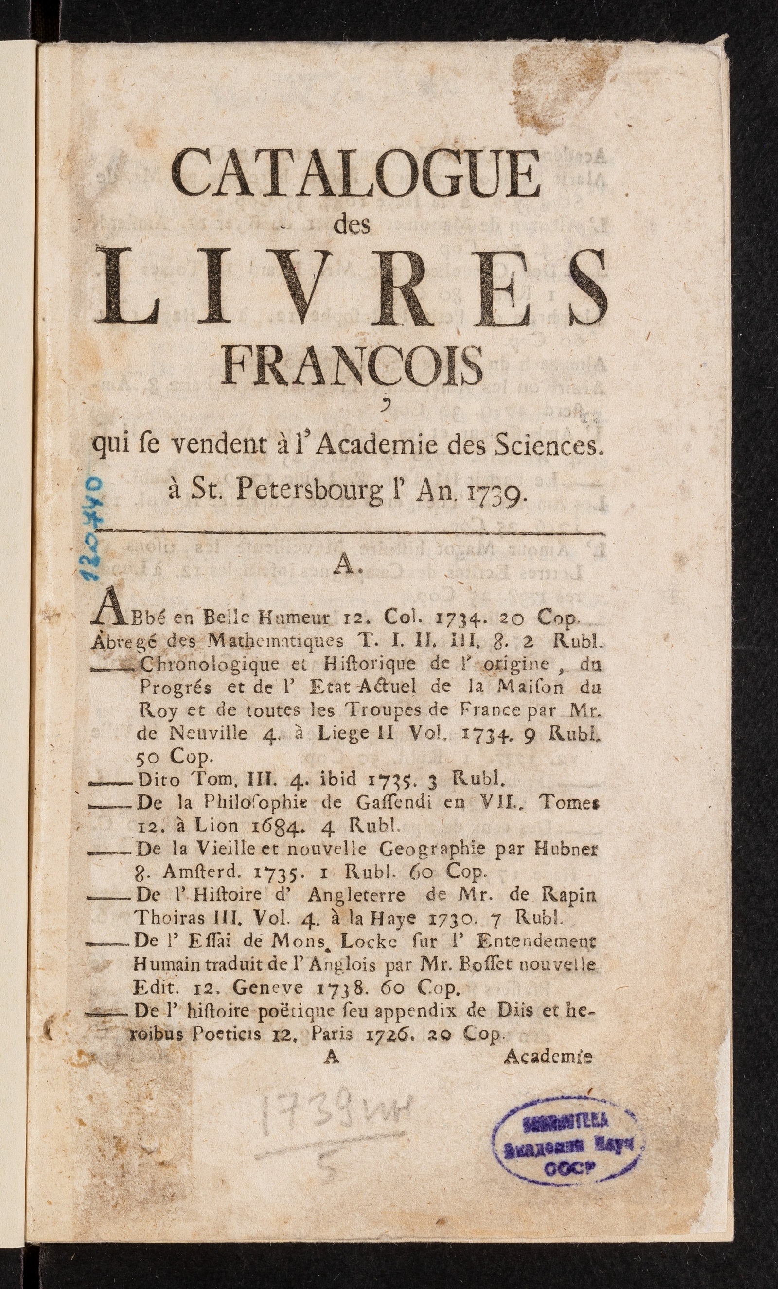 Изображение книги Catalogue des livres françois qui se vendent à l'Academie des Sciences à St. Petersburg l'an 1739