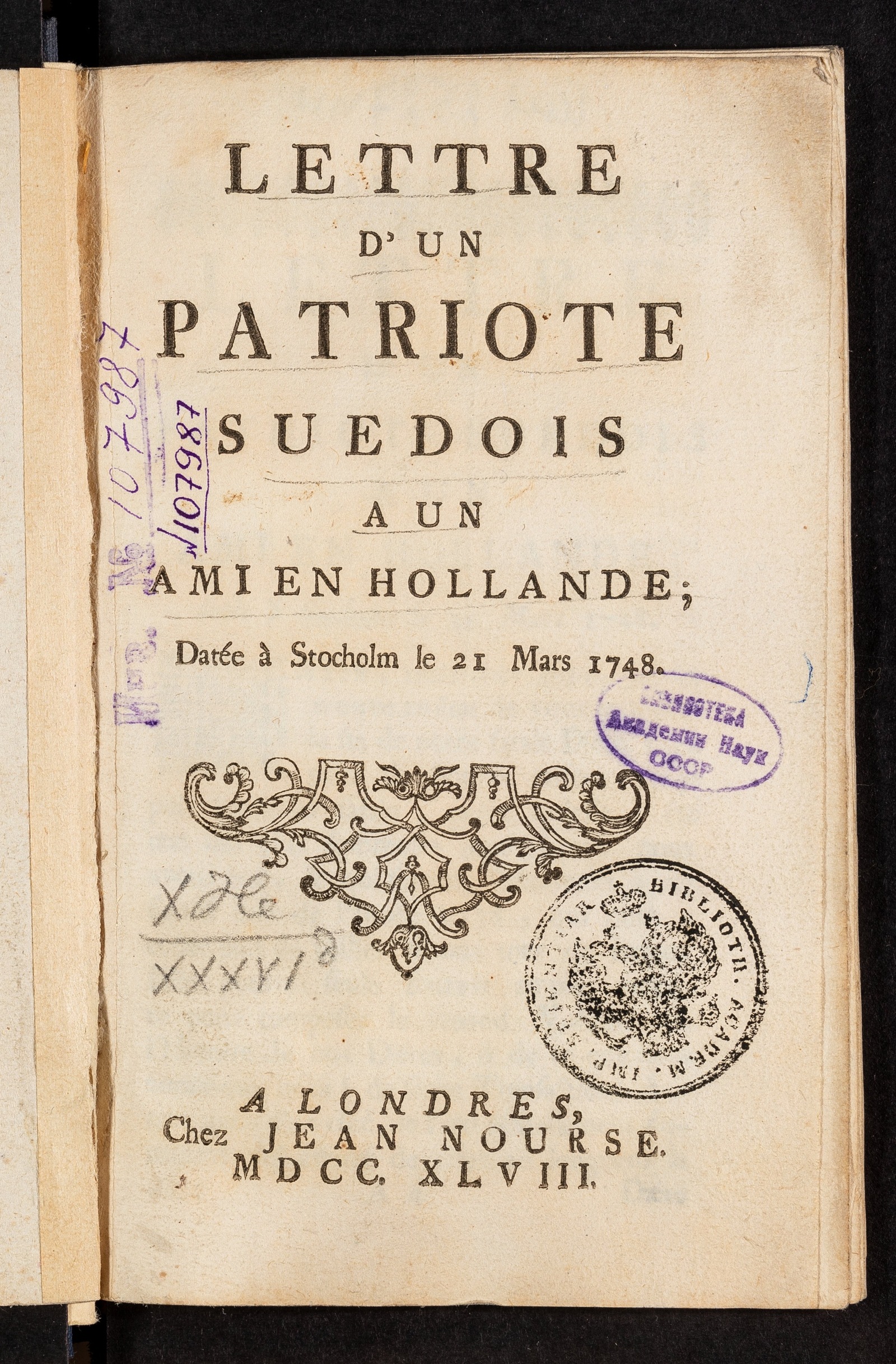 Изображение книги Lettre d'un patriote suedois a un ami en Hollande