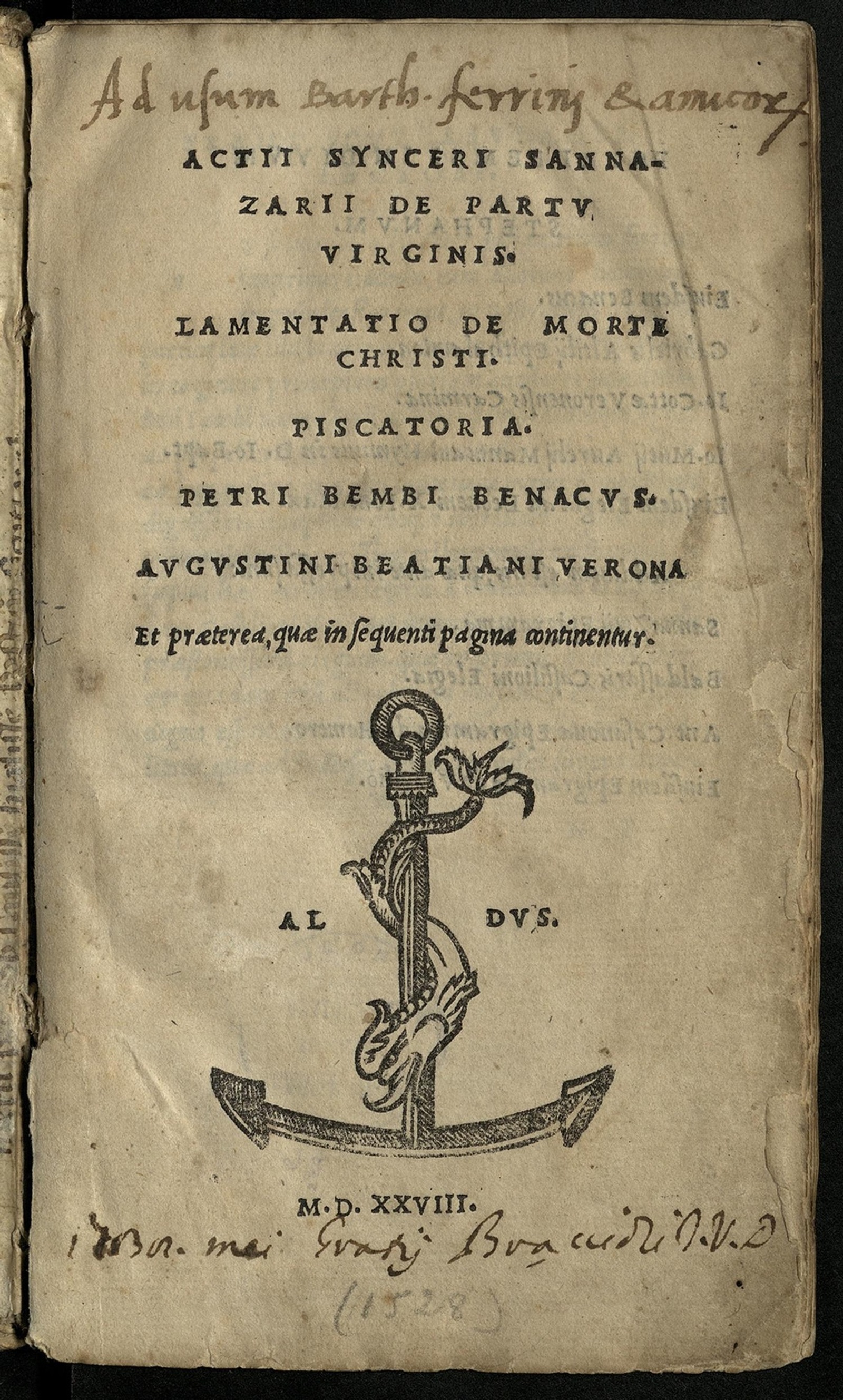 Изображение книги Actii Synceri Sannazarii de Partu Virginis. Lamentatio de morte Christi. Piscatoria. Petri Bembi Benacus. Augustini Beatiani Verona