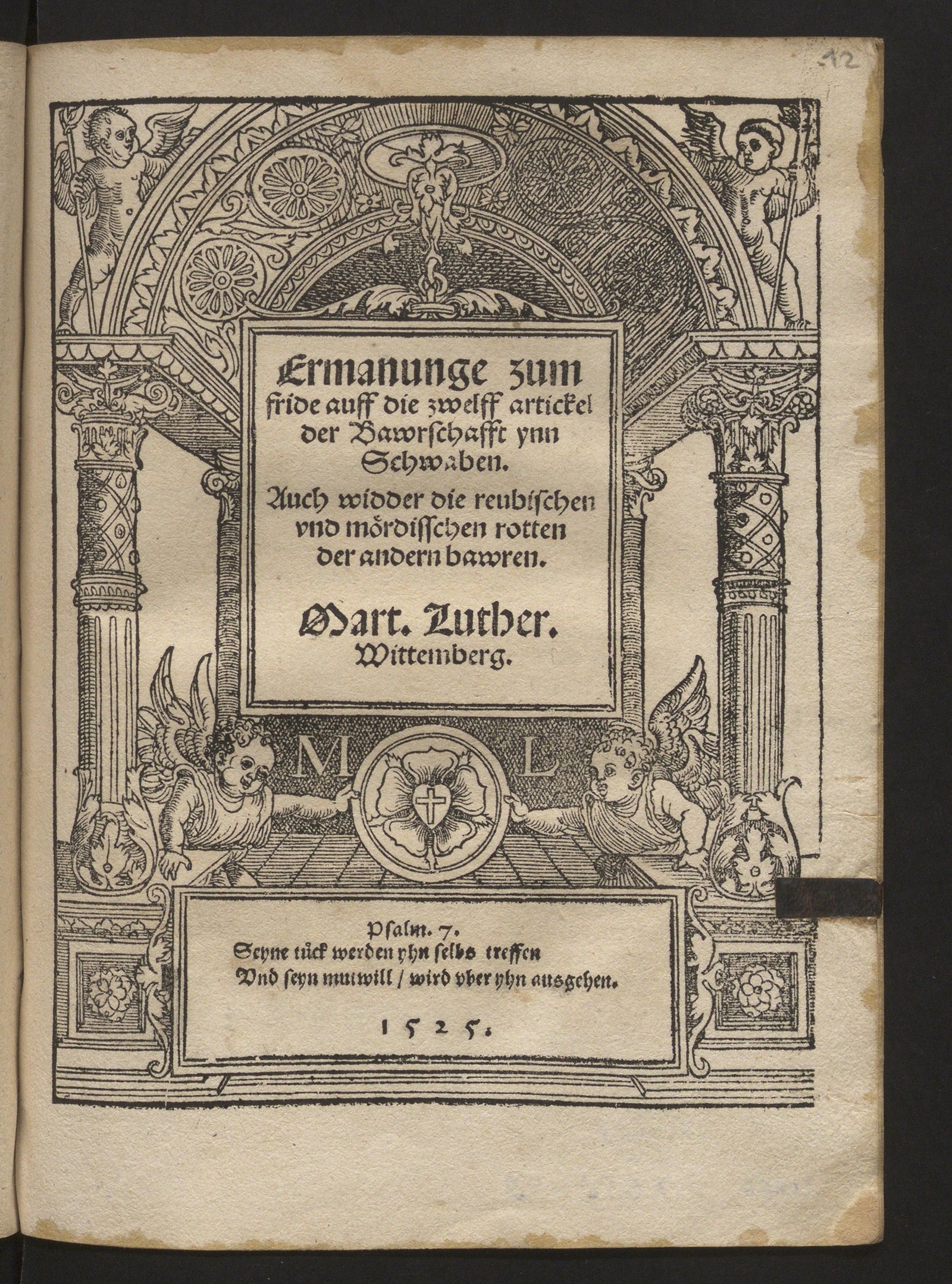Изображение книги Ermanunge zum fride auff die zwelff artickel der Bawrschafft. Auch widder die reubischen und mördischen rotten der andern bawren