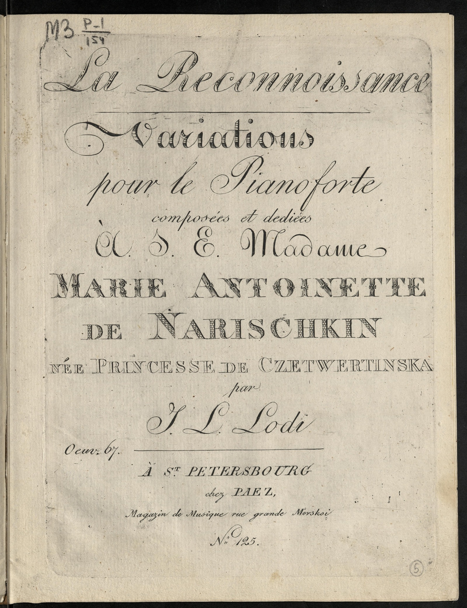 Изображение книги La reconnoissance: Variations: pour le pianoforte: оeuv. 67