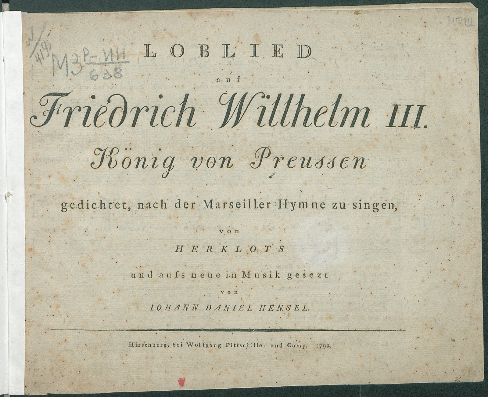 Изображение Loblied auf Friedrich Wilhelm III: Von vier Stimmen gesungen