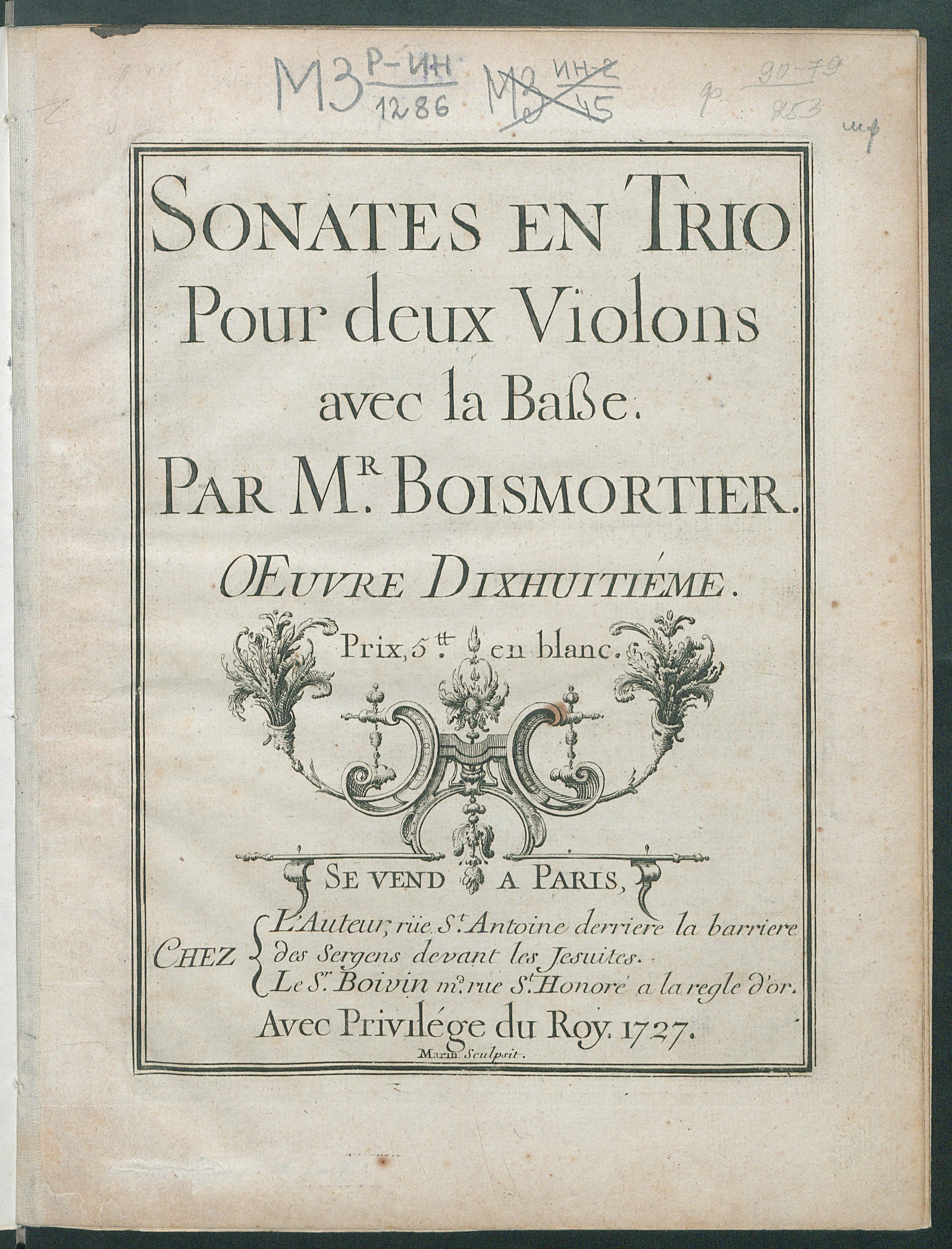 Изображение книги Sonates en trio: pour deux violons avec la basse: oeuv. dixhuitiéme