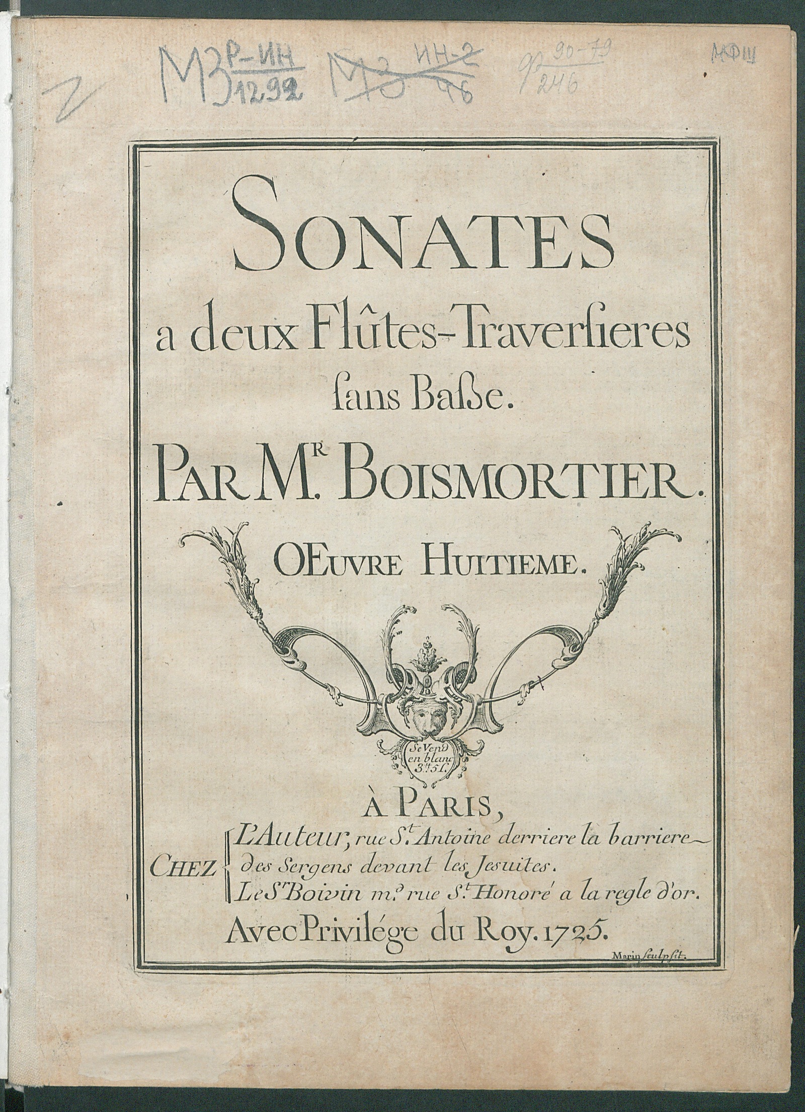 Изображение Sonates: à deux flûtes traversières sans basse: oeuv. huitiéme