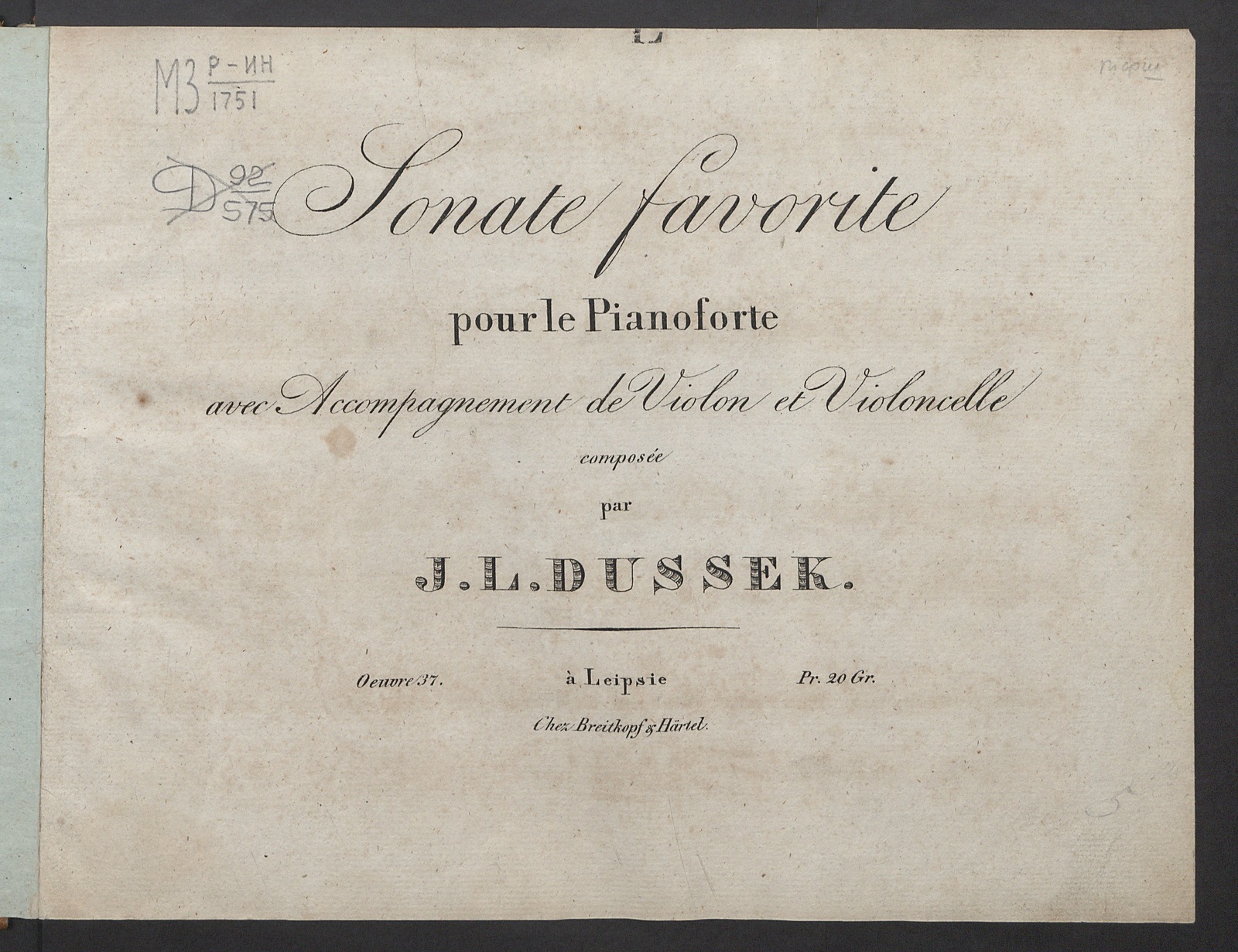 Изображение книги Sonate favorite: pour le pianoforte avec accomagnement de violon et violoncelle: oeuv. 37