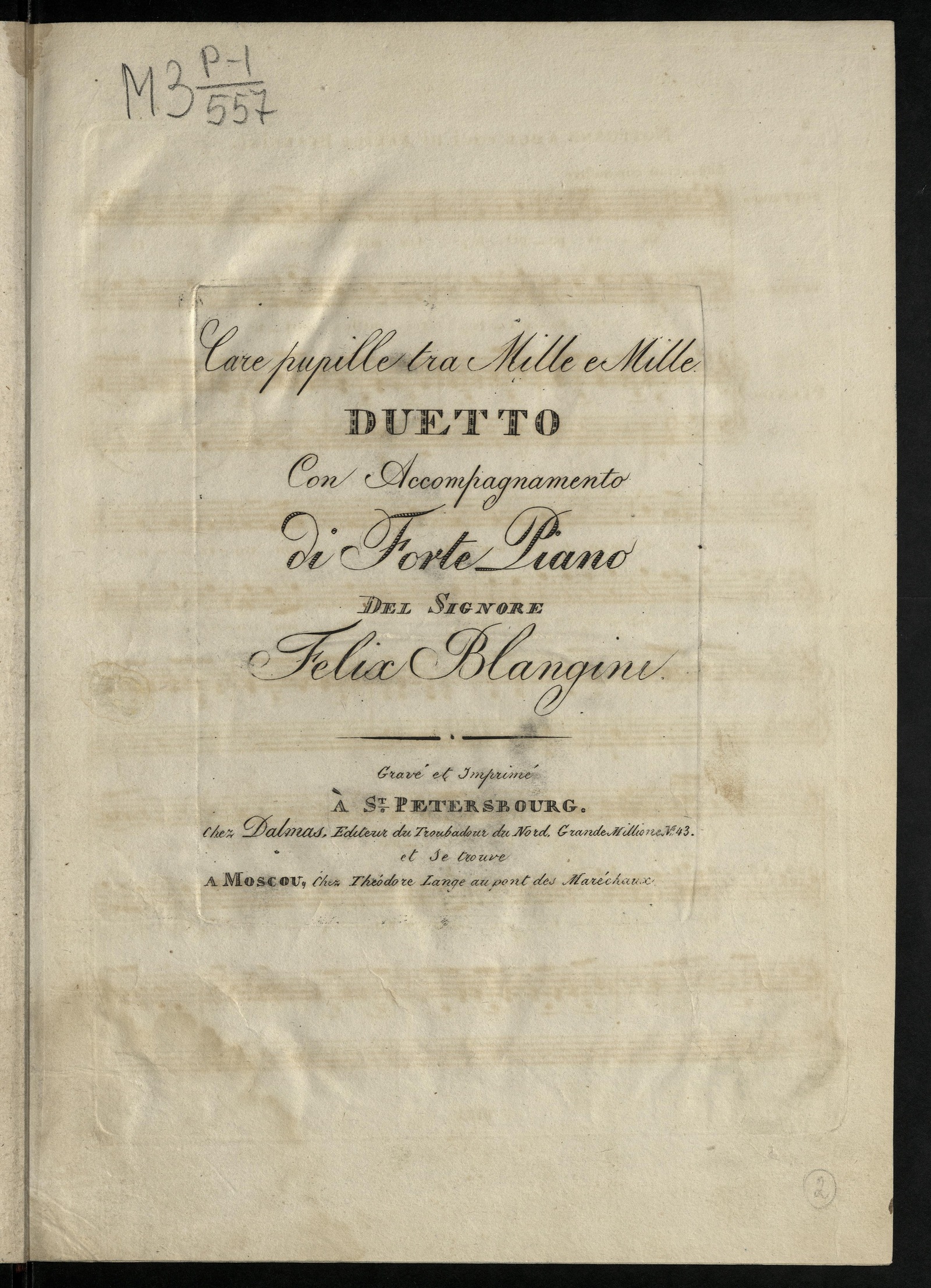 Изображение Care pupille tra Mille e Mille: Duetto soprano, tenore con accompagnamento di Forte-pianoi