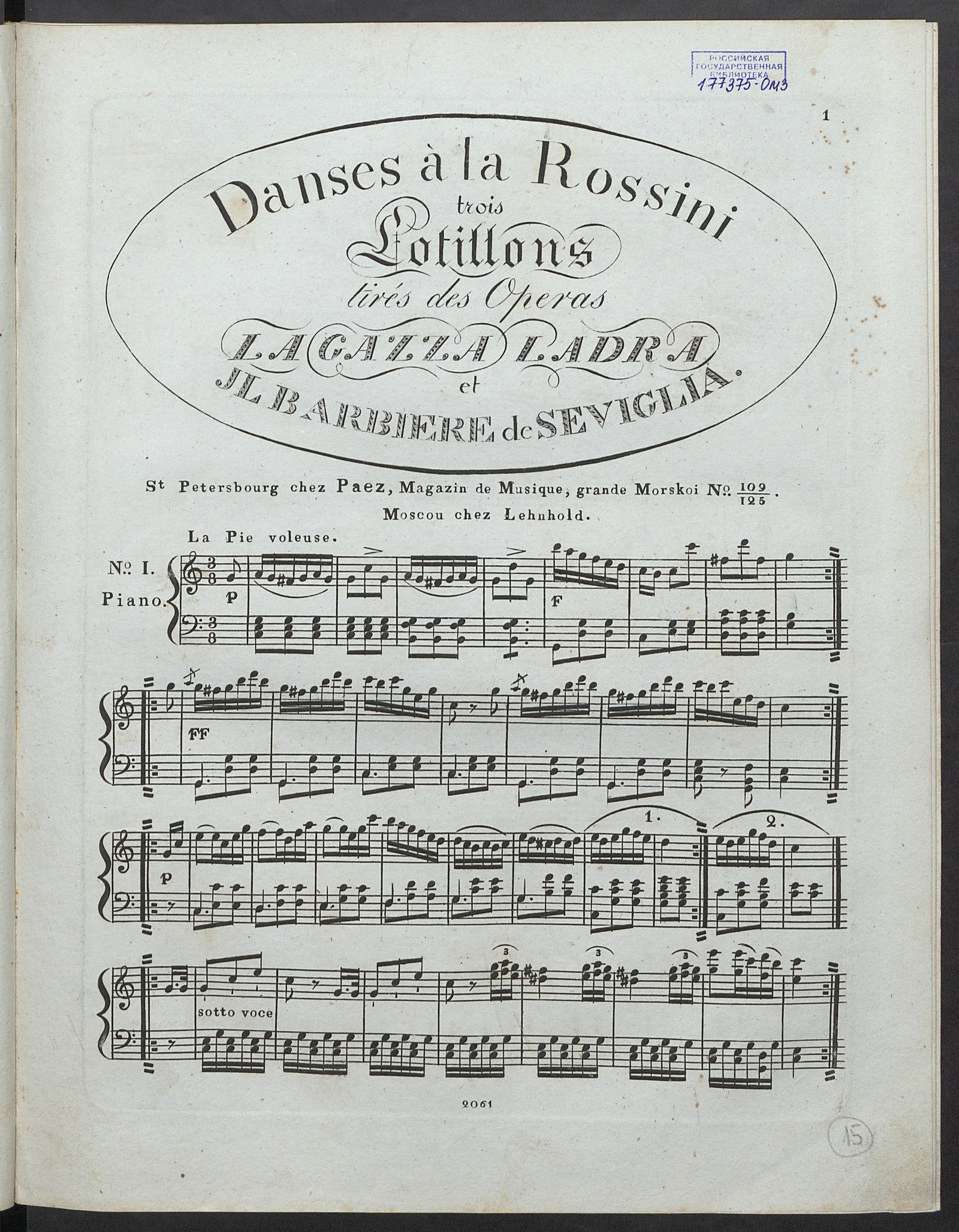 Изображение книги Trois Cotillons tirés des operas "La Gazza ladra" et "Il Barbiere de Seviglia": pour le Piano-Forte