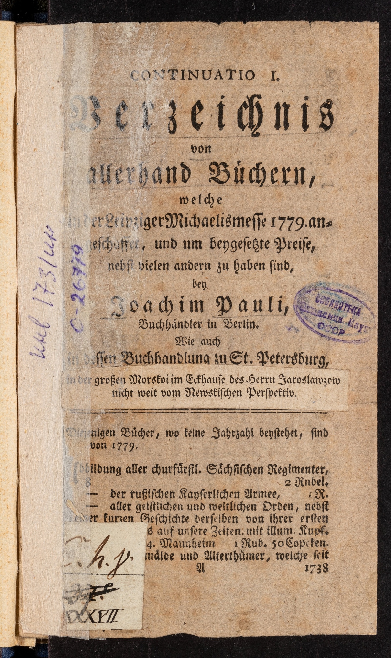 Изображение книги Continuatio I. Verzeichnis von allerhand Büchern, welche in der Leipziger Michaelismesse 1779