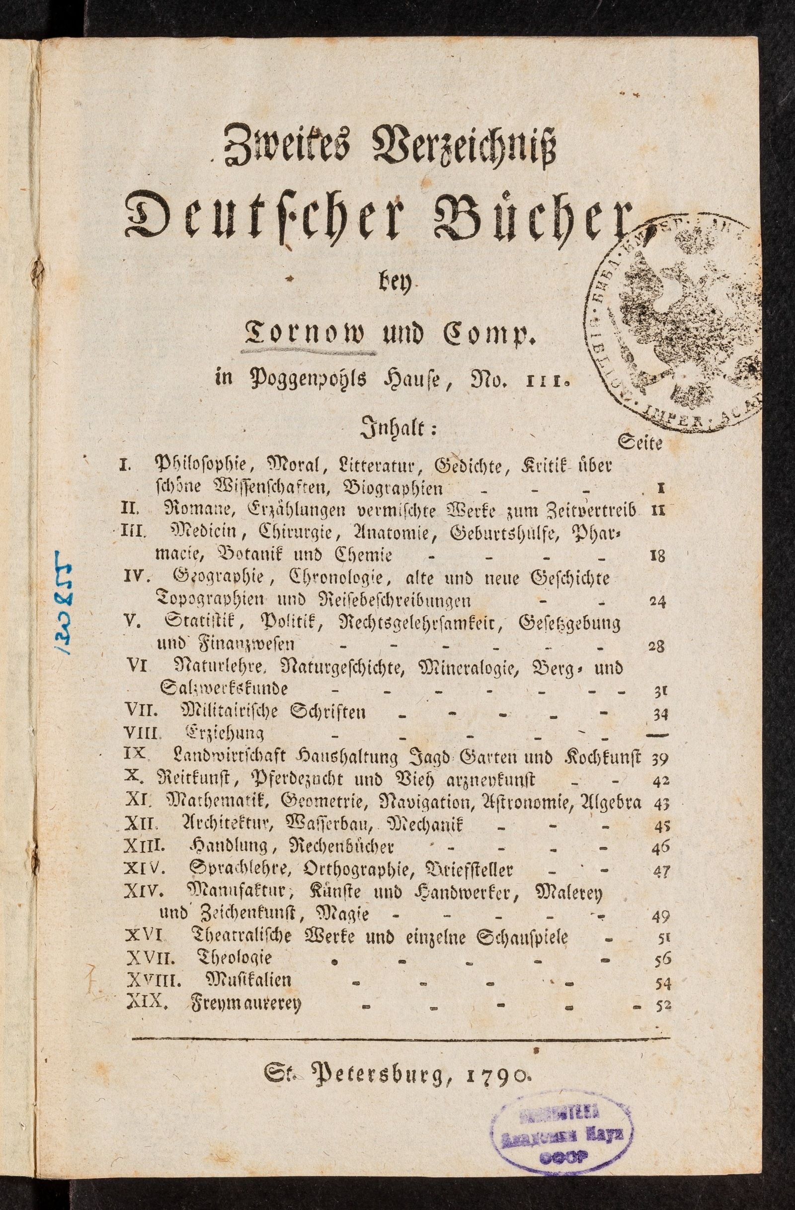 Изображение книги Zweytes Verzeichniß Deutscher Bücher, bey Tornow und Comp. in Poggenpohls Hause, No. 111
