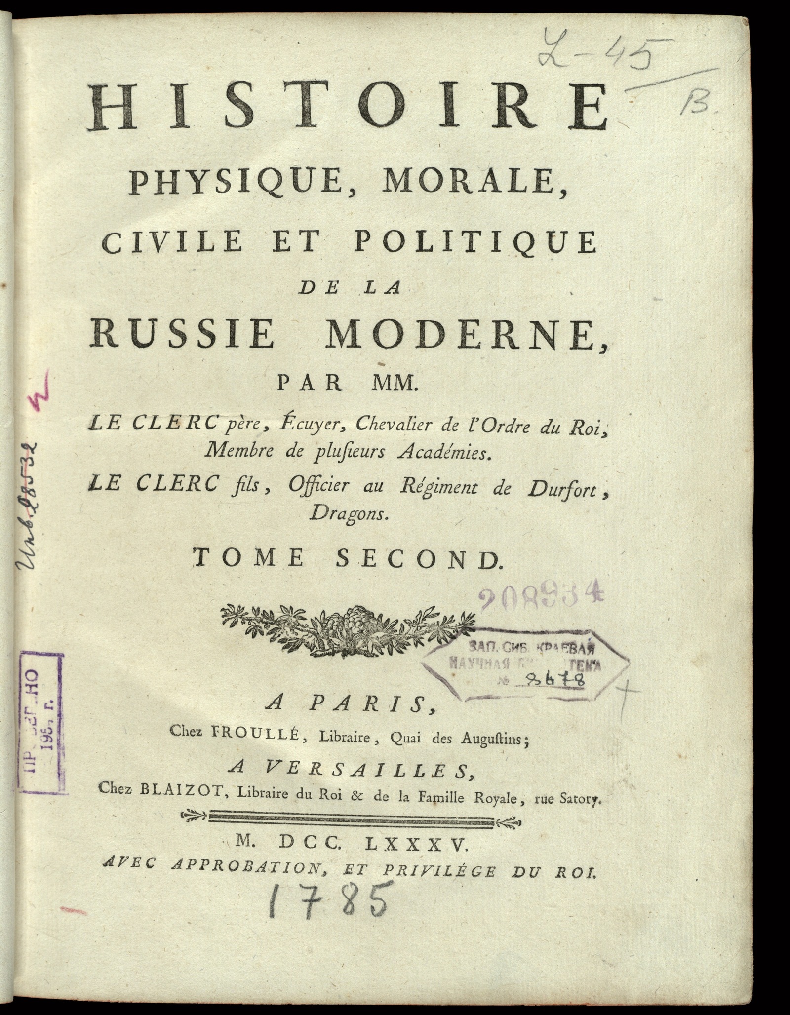 Изображение Histoire physique, morale, civile et politique de la Russie moderne. T. 2