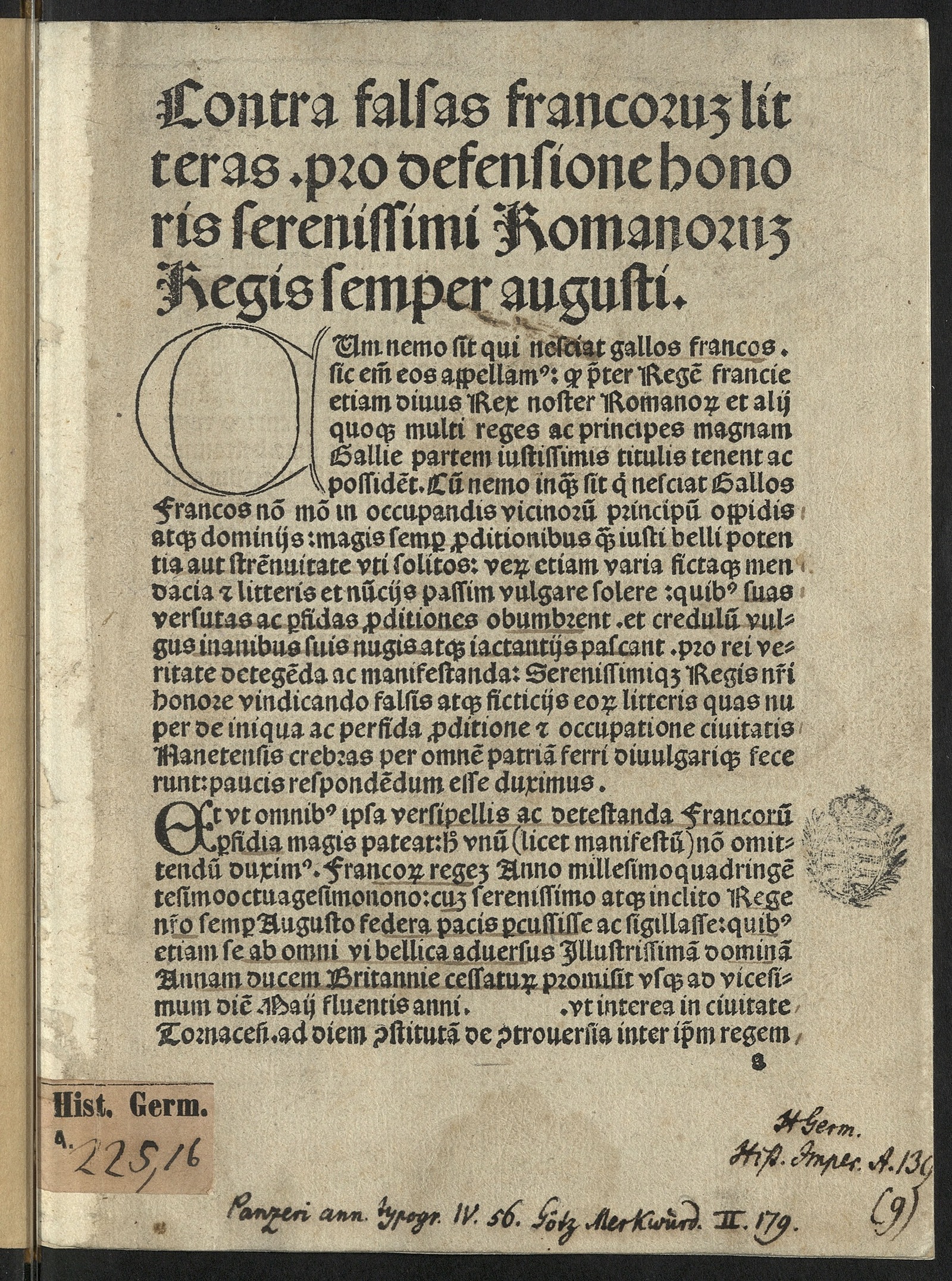 Изображение книги Contra falsas Francorum litteras pro defensione honoris serenissimi Romanorum regis