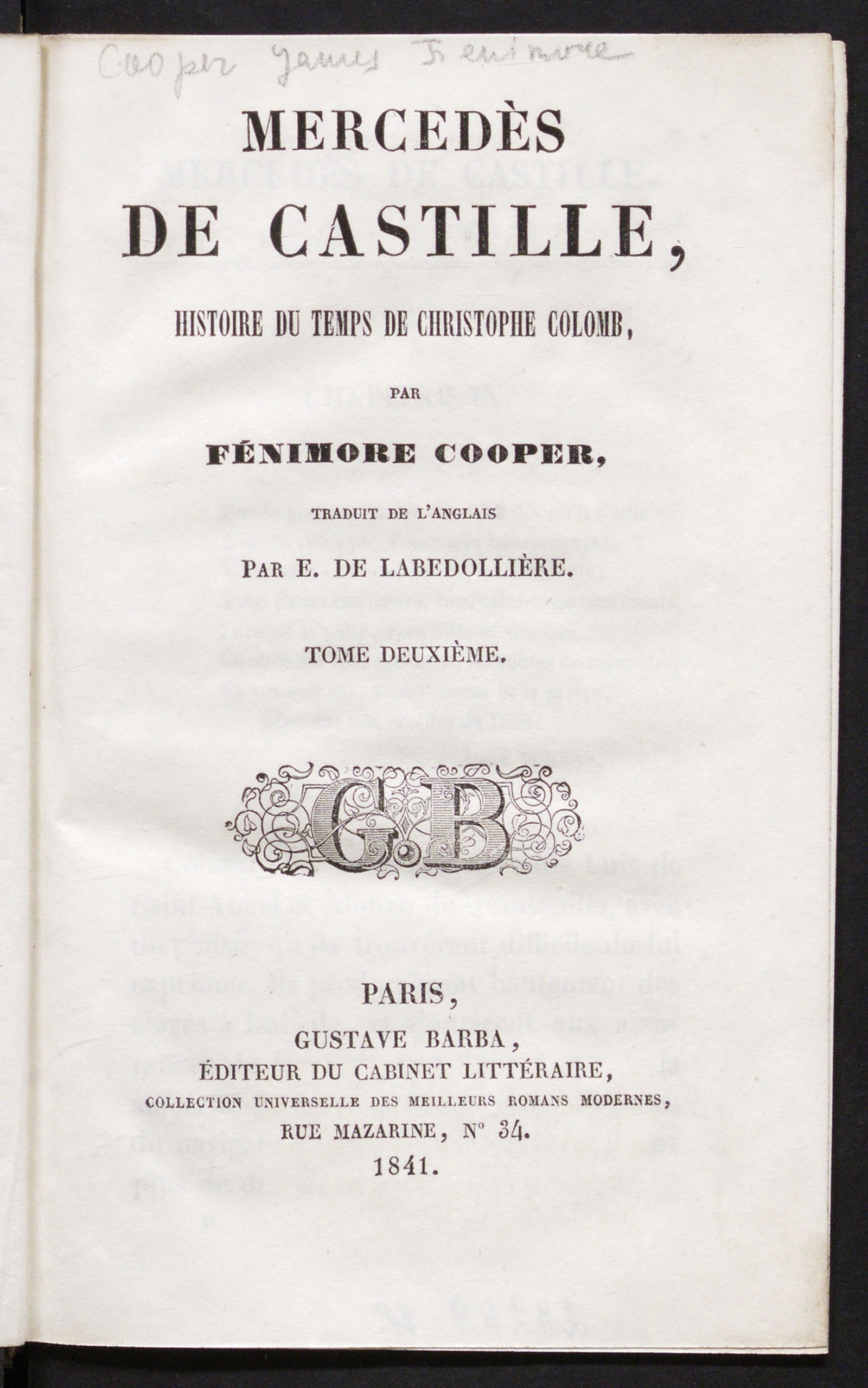 Изображение Oeuvres complètes de Fénimore Cooper. Mercédès de Castille, t. 2