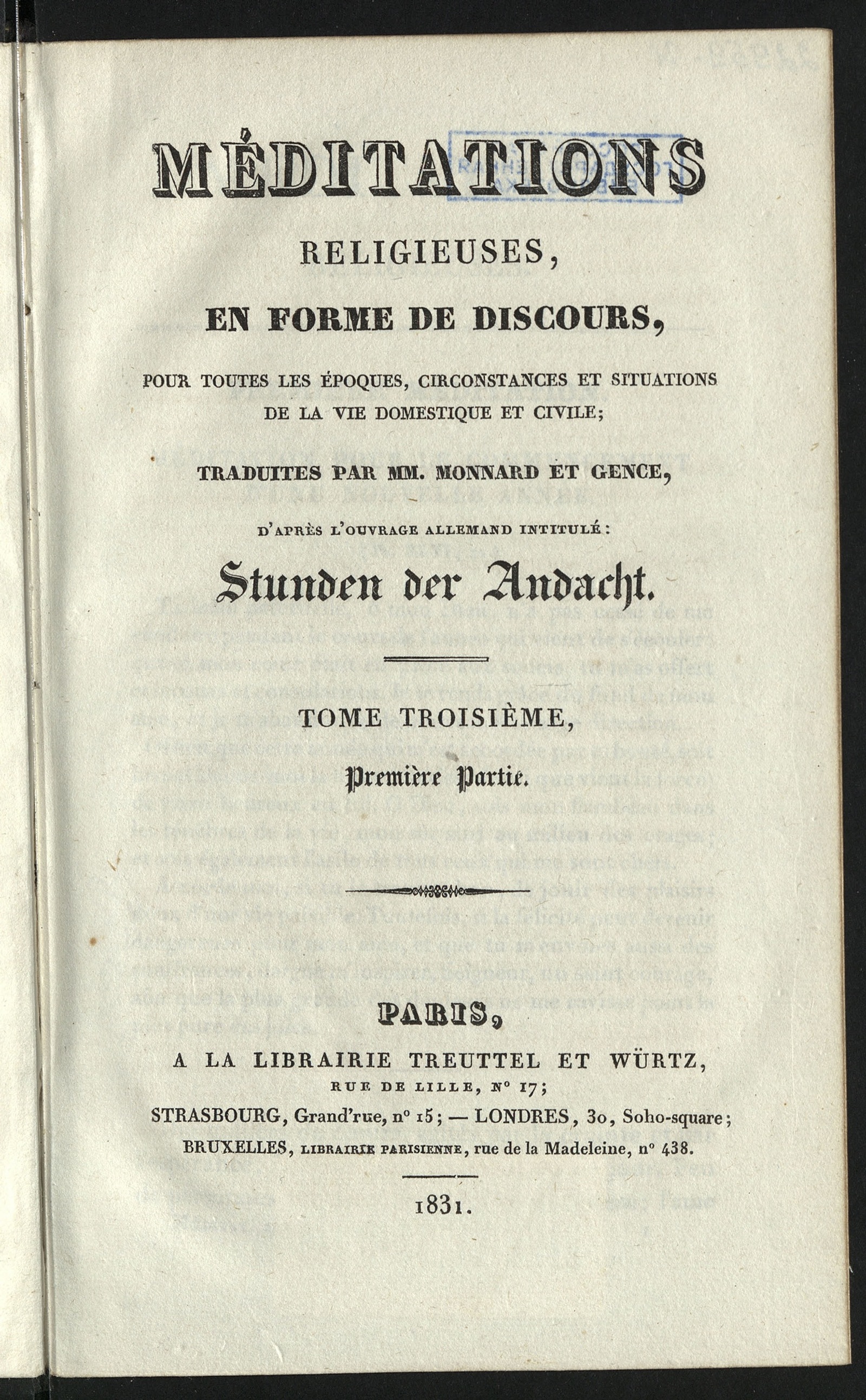 Изображение Méditations religieuses en forme de discours pour toutes les époques, circonstances et situations de la vie domestique et civile. T. 3, pt. 1-2
