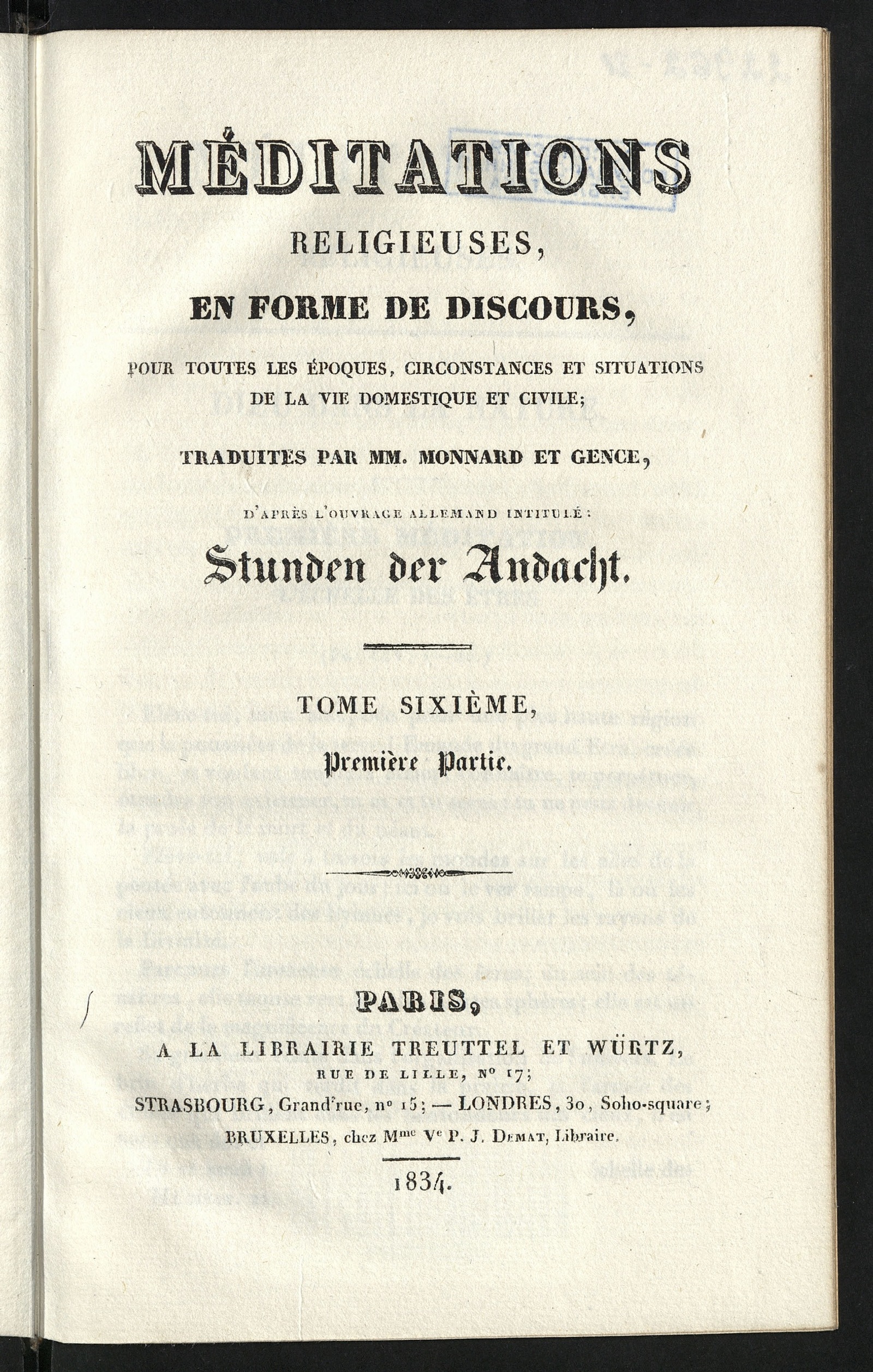 Изображение Méditations religieuses en forme de discours pour toutes les époques, circonstances et situations de la vie domestique et civile. T. 6, pt. 1-2