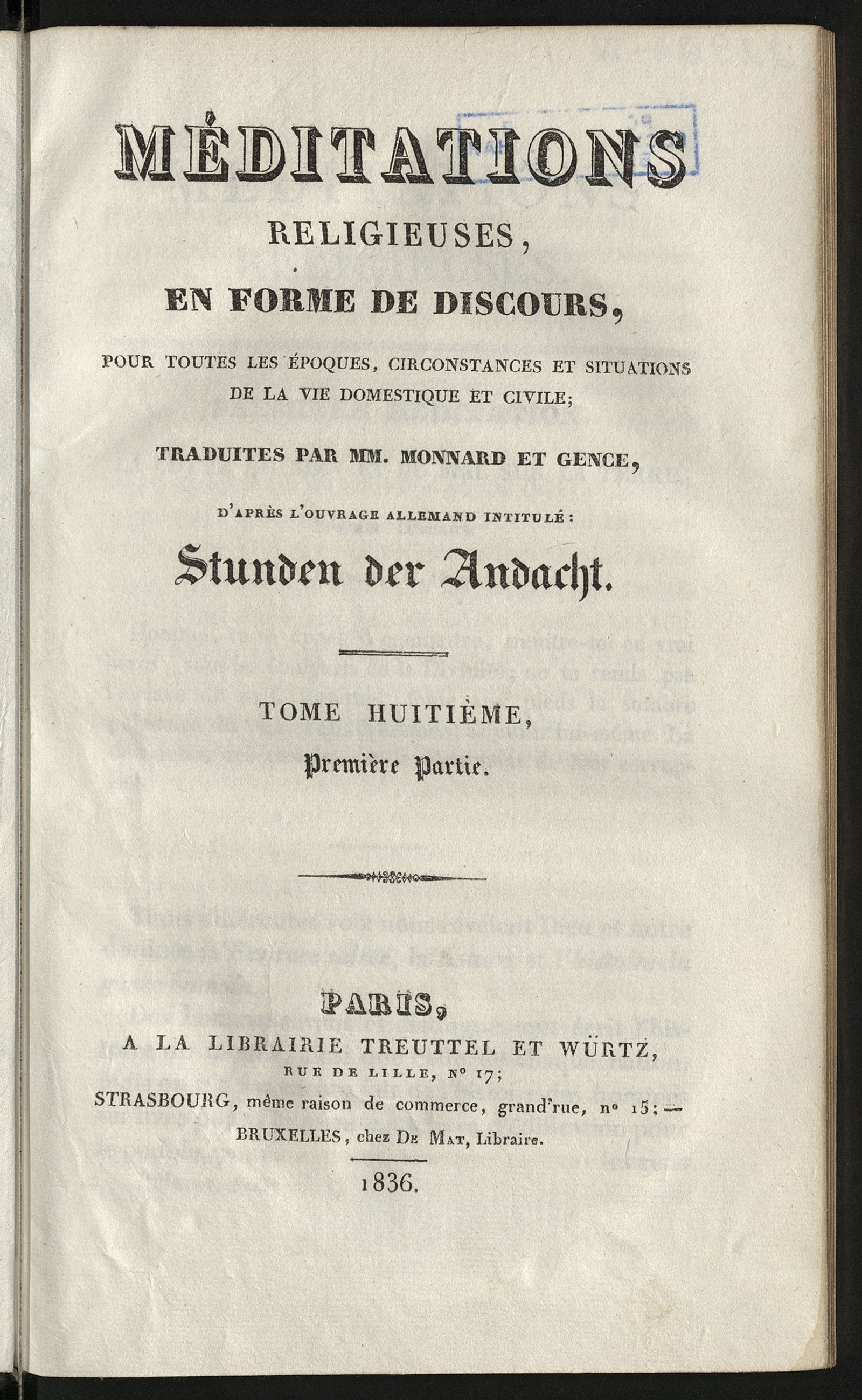 Изображение Méditations religieuses en forme de discours pour toutes les époques, circonstances et situations de la vie domestique et civile. T. 8, pt. 1-2