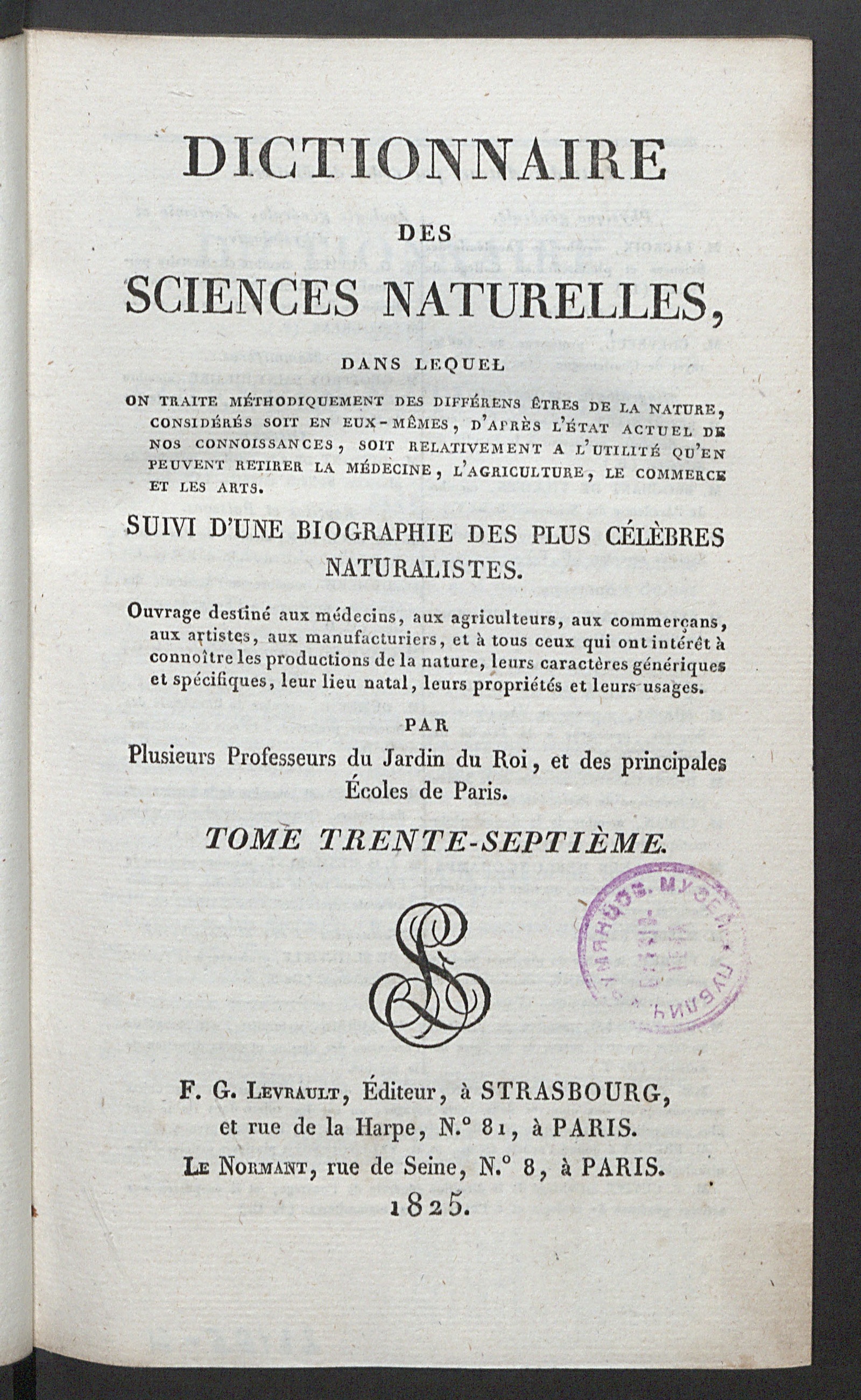 Изображение книги Dictionnaire des sciences naturelles. T. 37. OSE-PARM