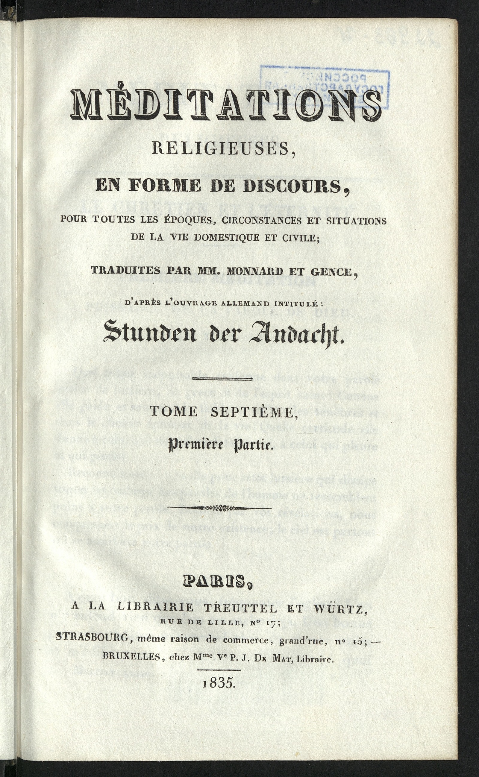 Изображение Méditations religieuses en forme de discours pour toutes les époques, circonstances et situations de la vie domestique et civile. T. 7, pt. 1-2