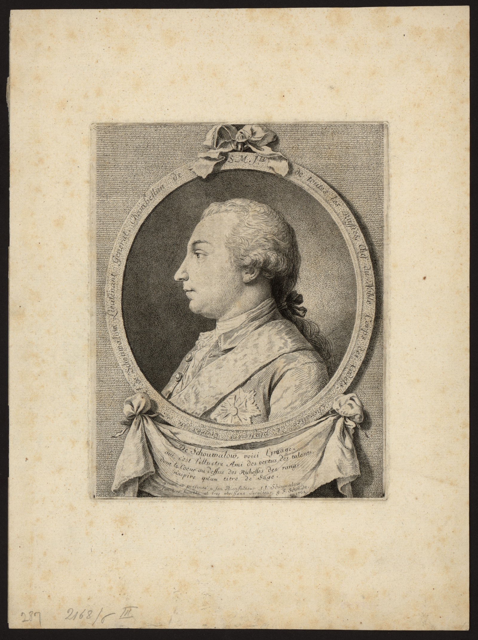 Изображение книги J. de Schouwalow, lieutenant general, chambellan de S.M.Ile. de toutes les Russies, chef du Noble Corps des Cadets, chevalier de plusieurs ordres etc. etc