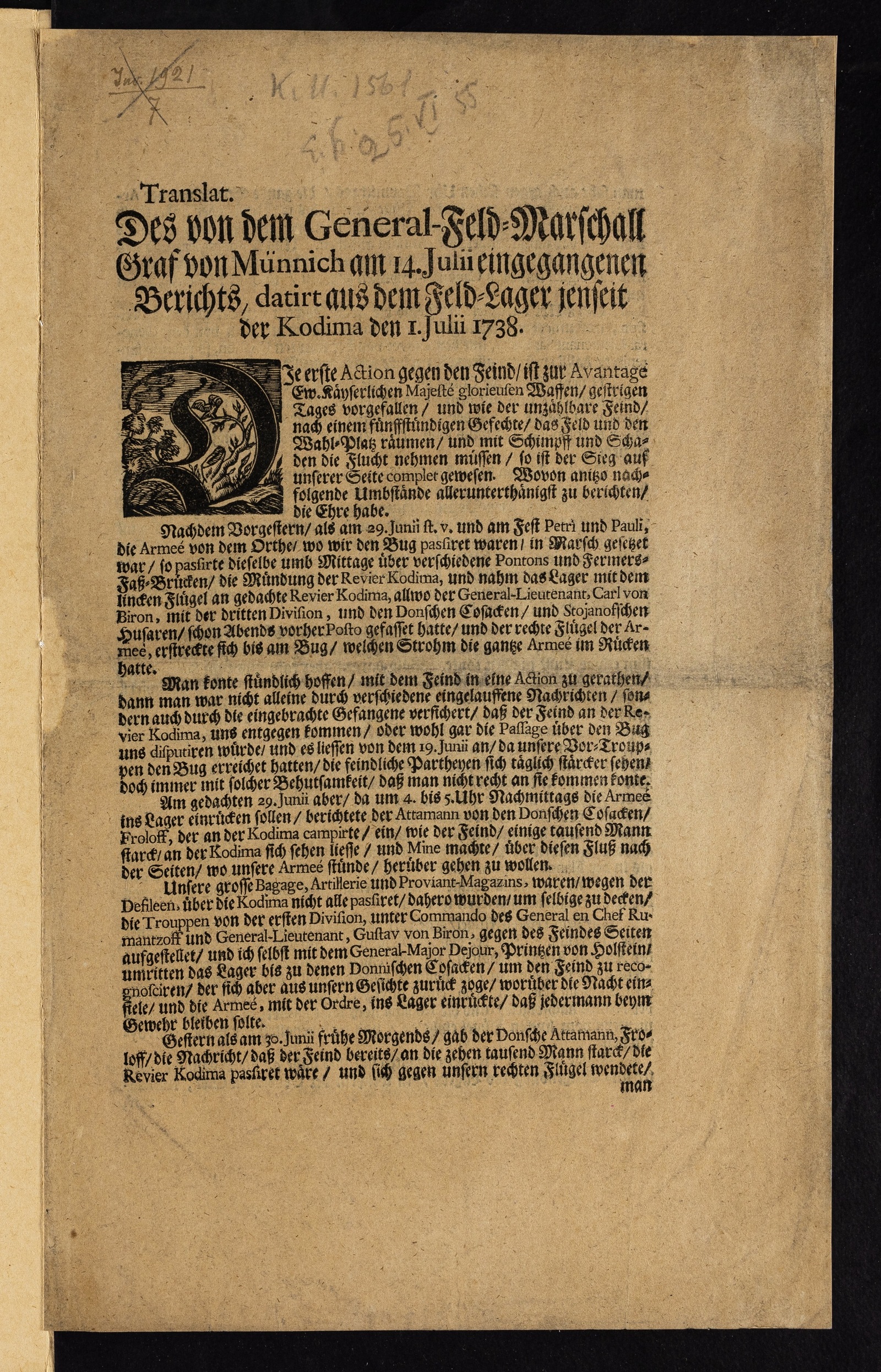 Изображение книги Des von dem General-Feld-Marschall Graf von Münnich am 14. Julii eingegangenen Berichts, datirt aus dem Feld-Lager jenzeit der Kodima den 1. Julii 1738