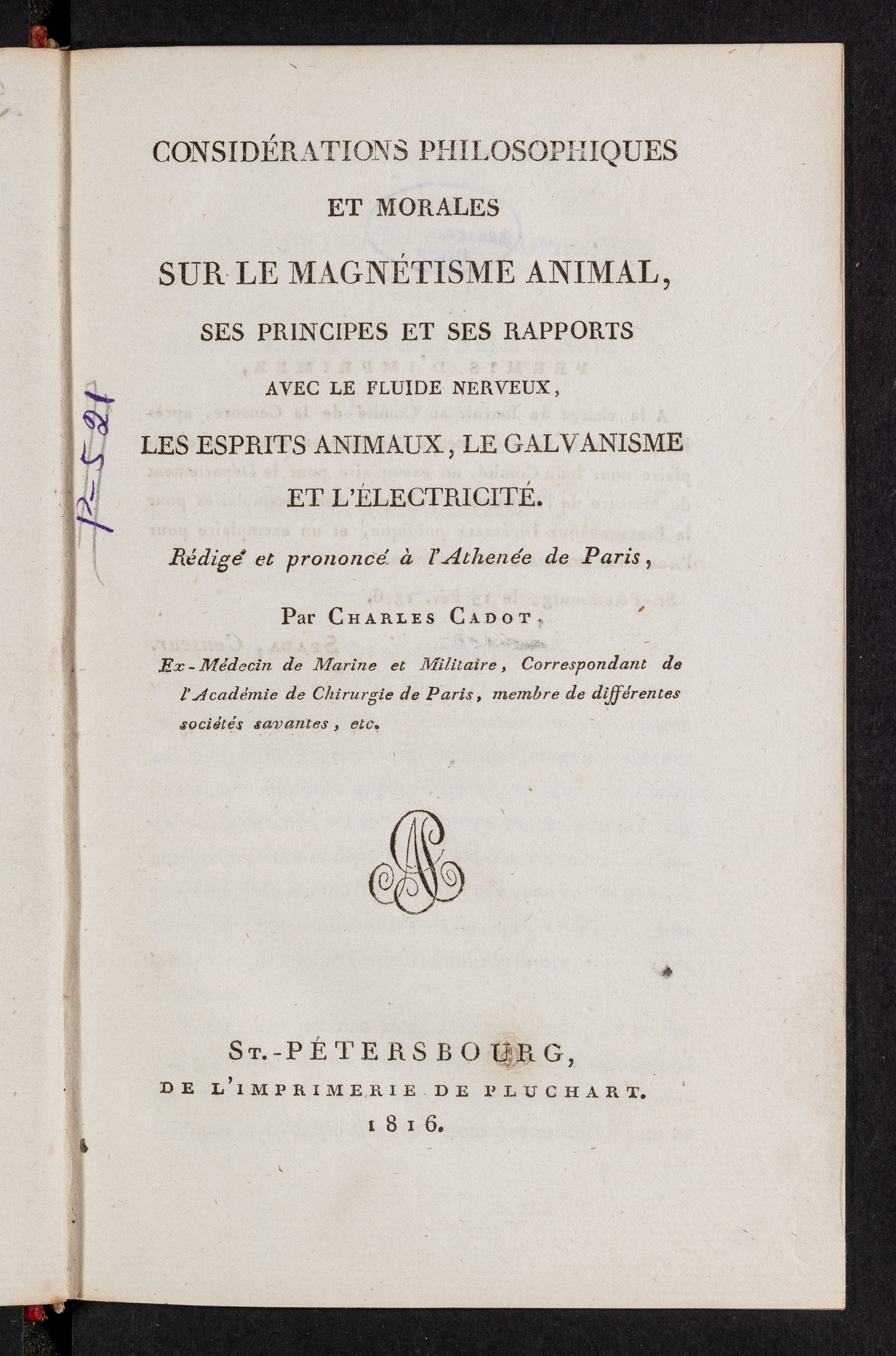 Изображение книги Considérations philosophiques et morales sur le magnétisme animal