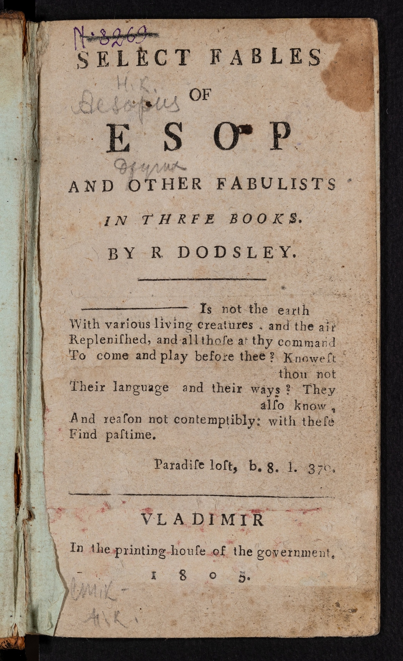 Изображение книги Select Fables of Esop and other fabulists in three books, by R. Dodsley