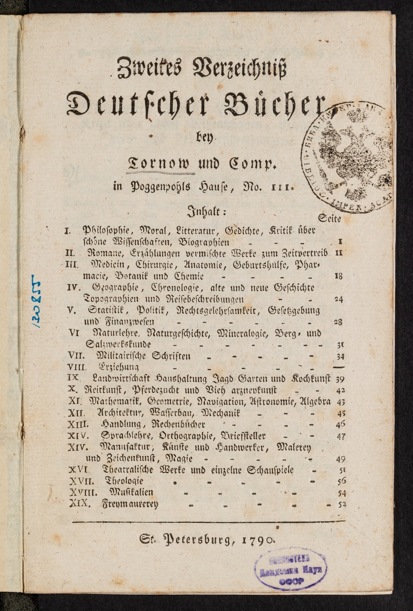 Изображение книги Zweites Verzeichniss deutscher Bücher bey Tornow und Comp. in Poggenpohls Hause, No. 111