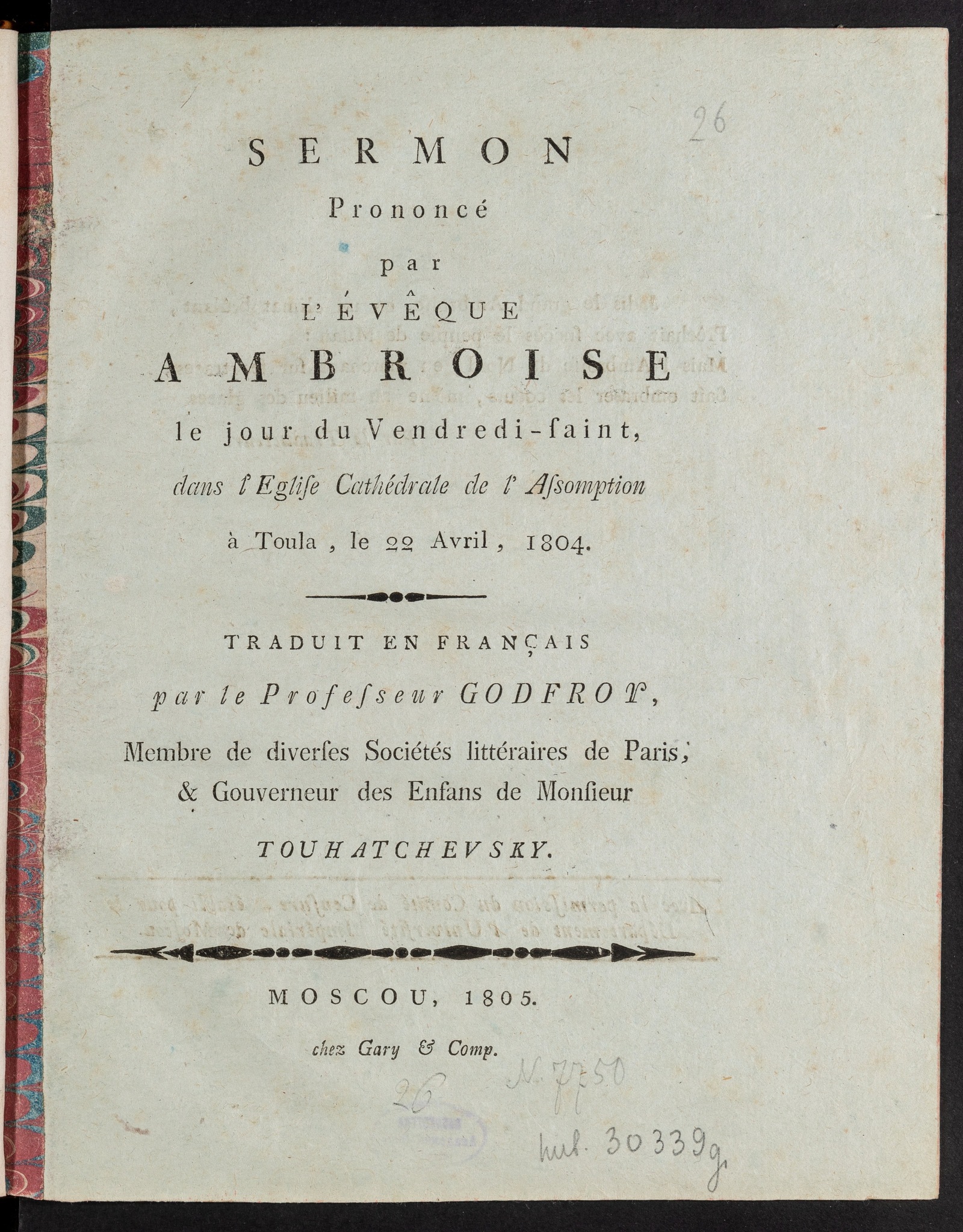 Изображение книги Sermon Prononcé par l’éveque Ambroise le jour du Vendredi-saint