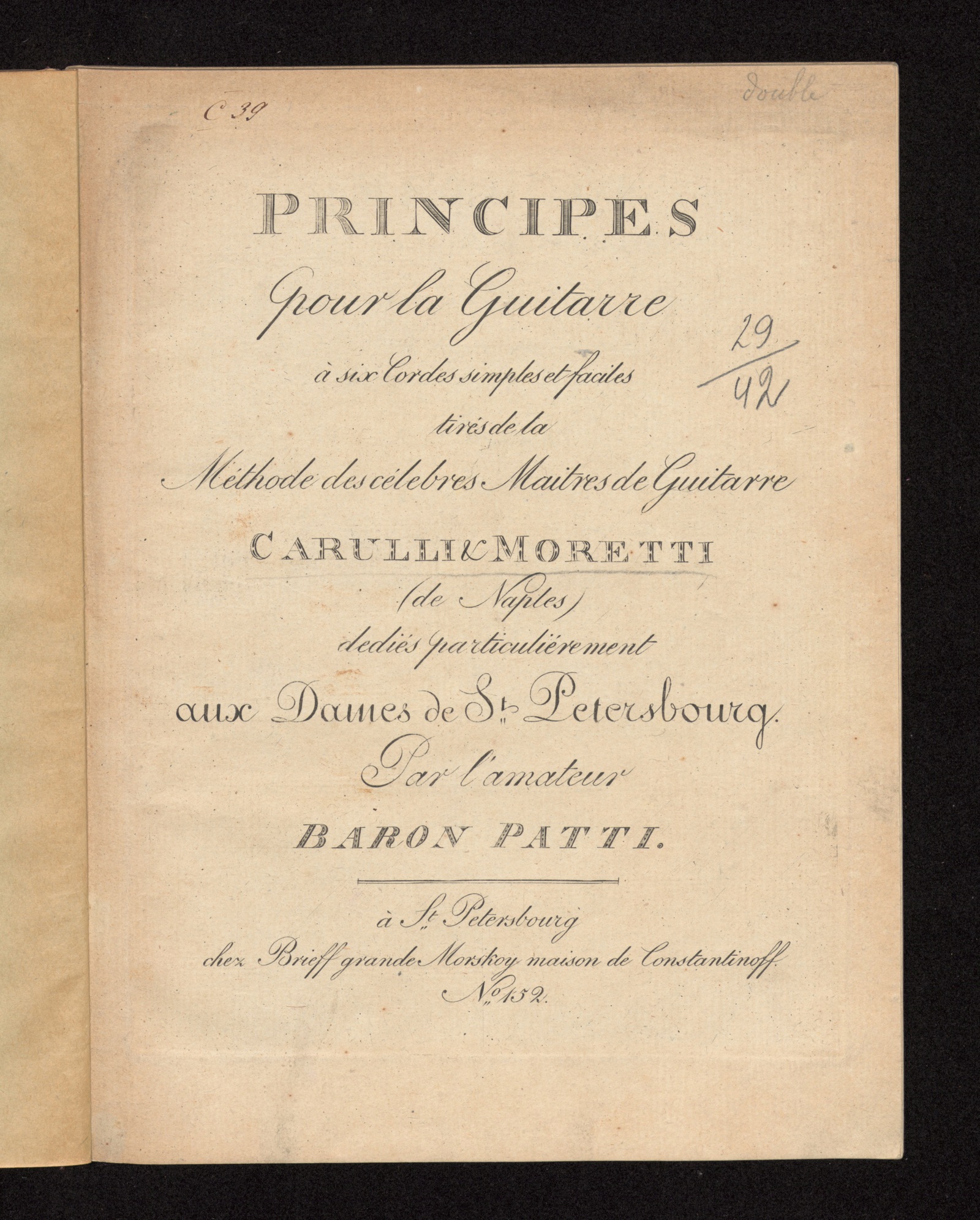 Изображение книги Principes pour la guitarre à six cordes simples et faciles tirés de la Méthode des célebres maitres guitarre Carulli et Moretti (de Naples)
