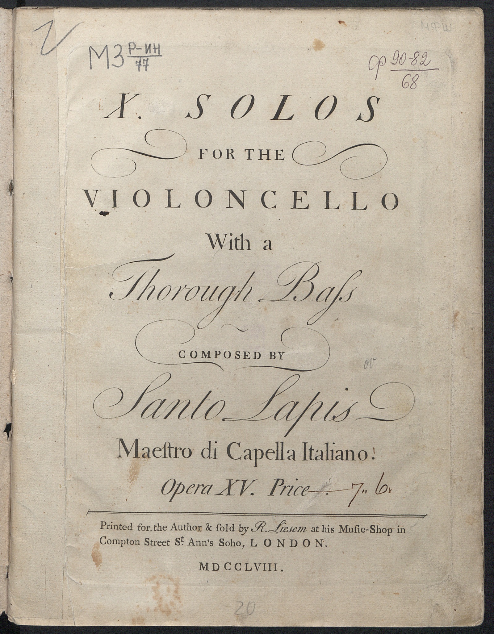Изображение книги X solos : for the violoncello with a thorough bass : op. XV