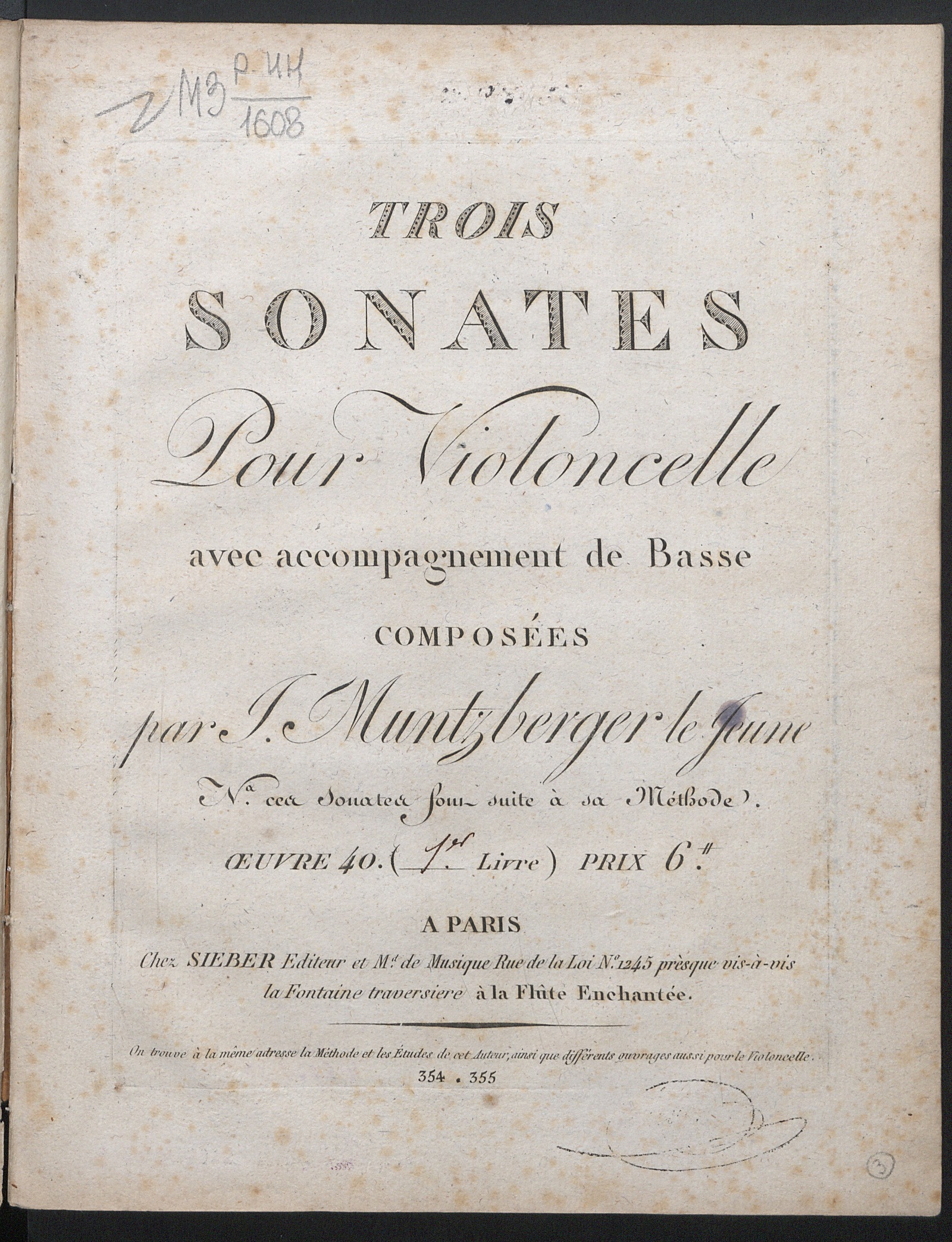 Изображение книги Trois sonates : pour violoncelle avec accompagnement de basse : oeuv. 40