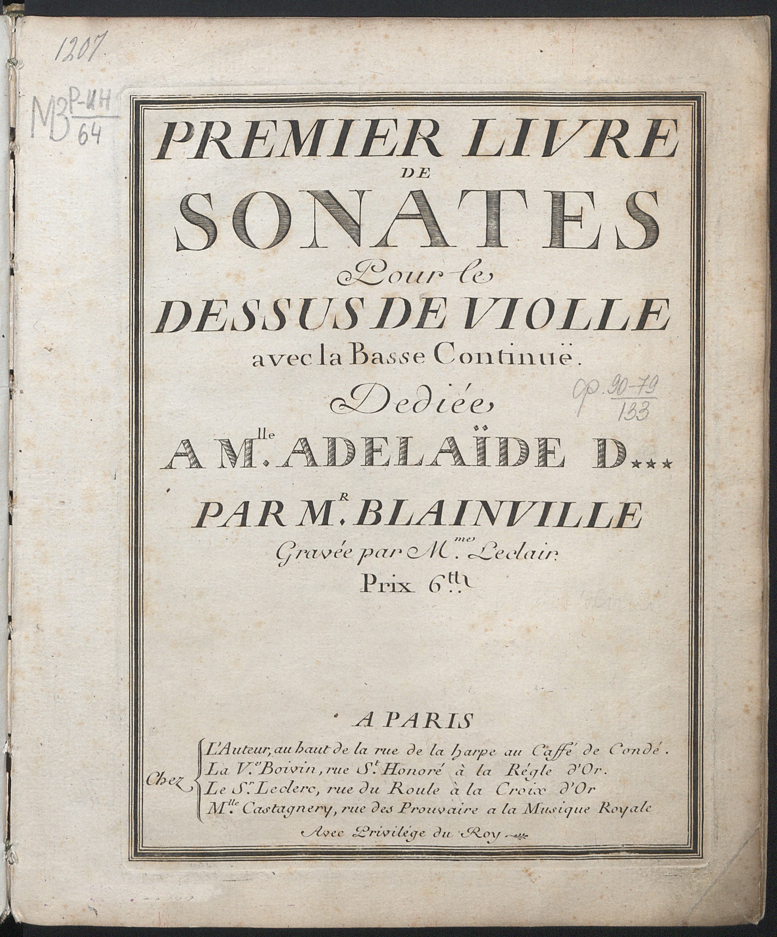 Изображение книги Premier livre de sonates : [D, G, F, b, A, G] : pour le dessus de violle avec la basse continue