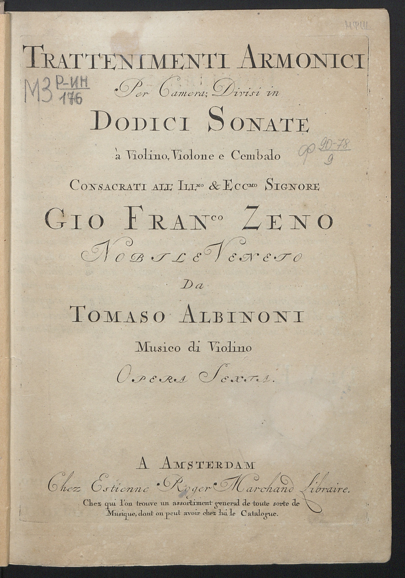 Изображение книги Trattenimenti armonici : per camera divisi in dodici sonate à violino, violine e cembalo : opera sexta