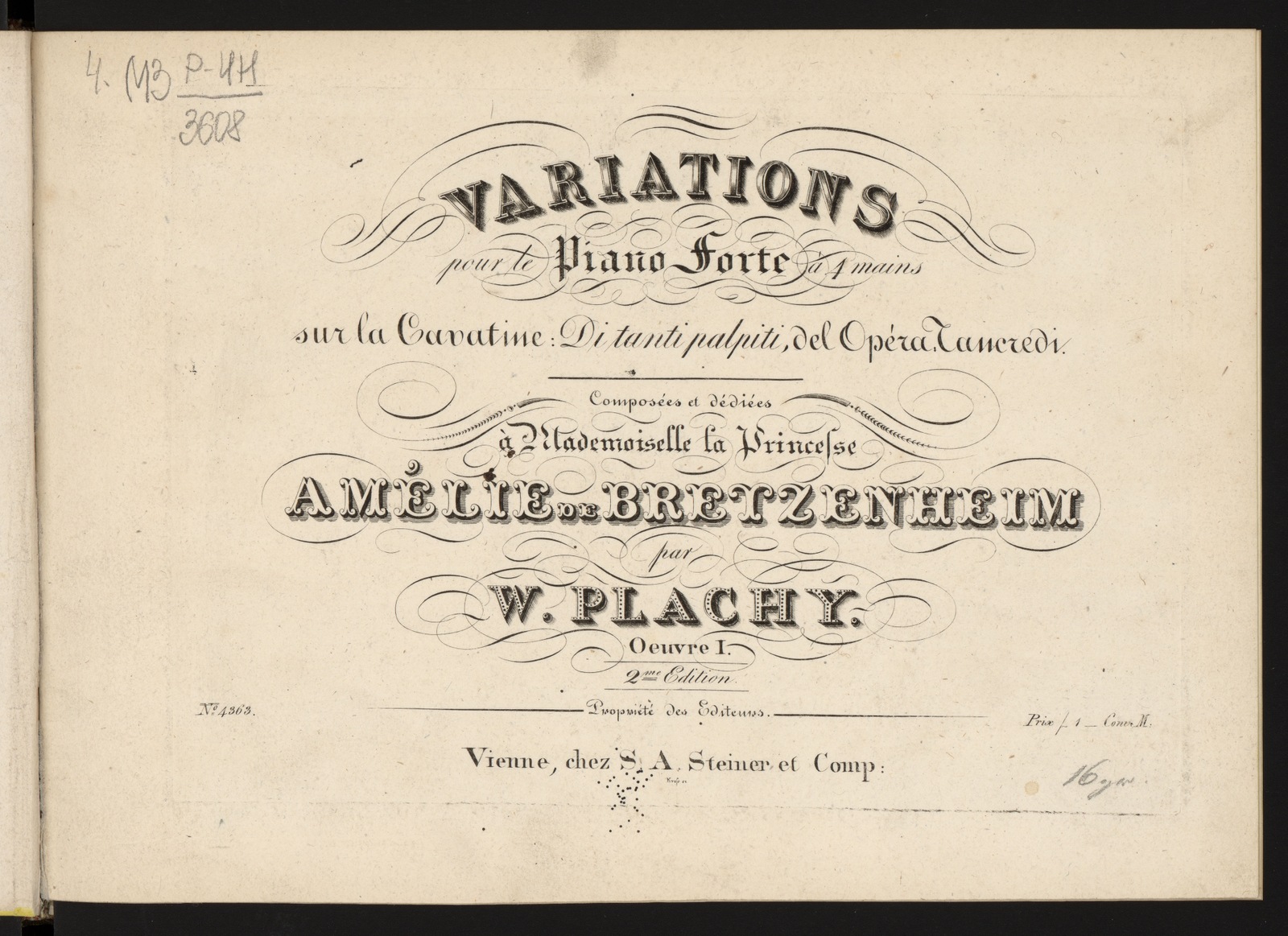 Изображение книги Variations : sur la cavatine Di tanti palpiti del opéra Tancredi [de G. Rossini] : pour le piano forte à 4 mains : oeuv. 1