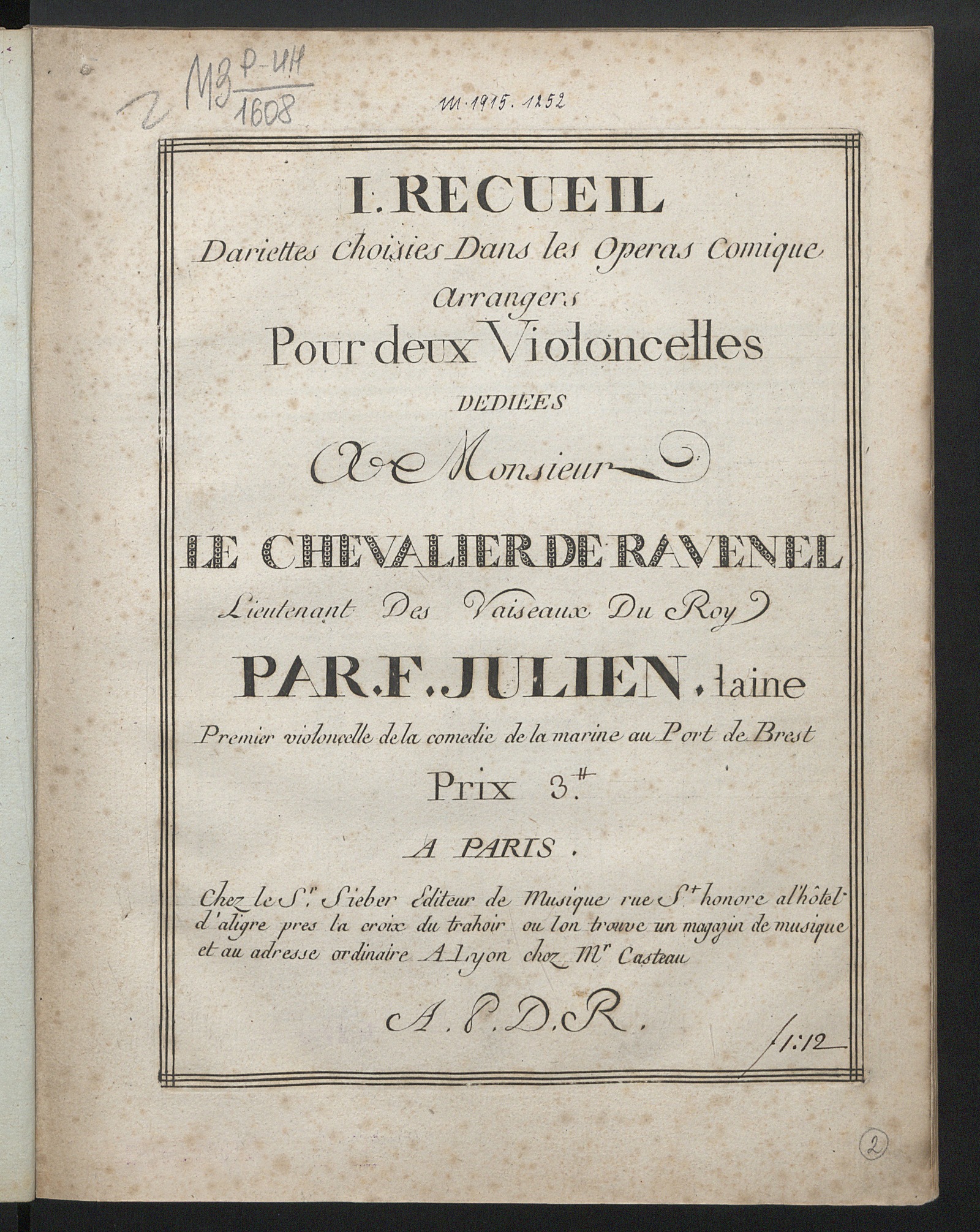 Изображение книги I. Recueil d'ariettes, choisies dans les operas comique : arrangers pour deux violoncelles