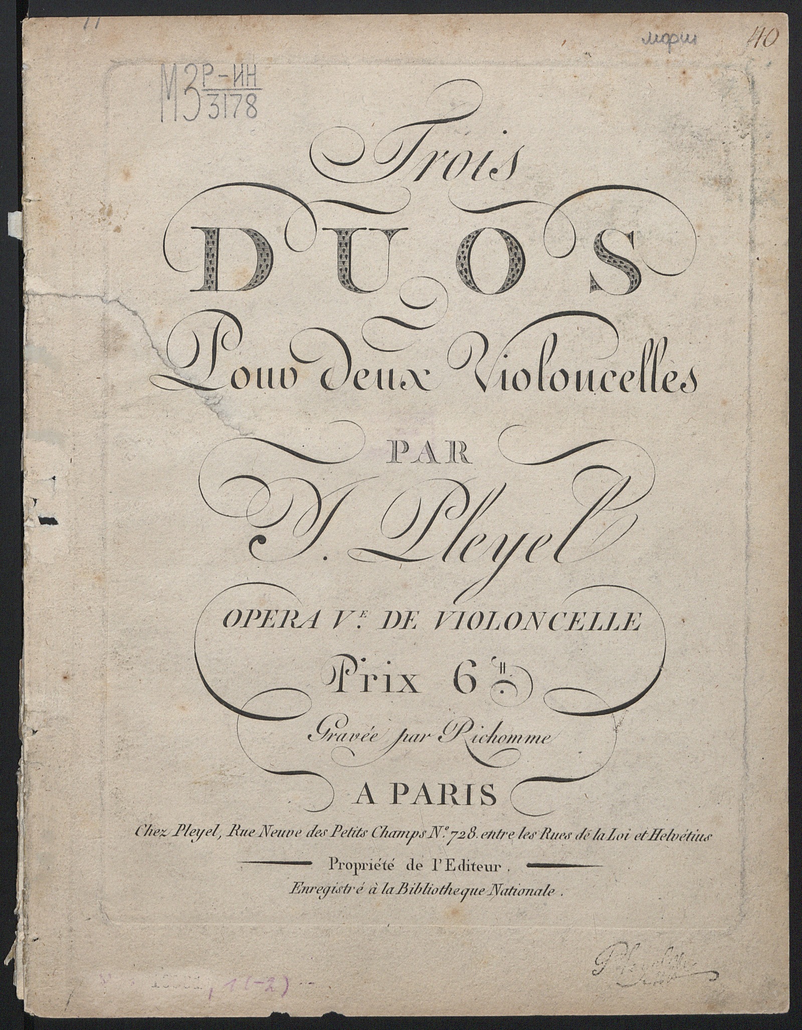 Изображение книги Trois duos : pour deux violoncelles : op. V-e de violoncelle : [Ben (5317) 532-34]